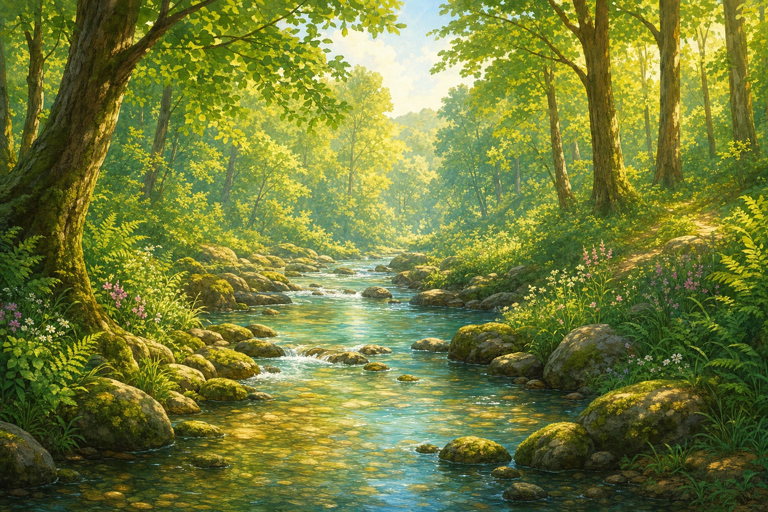 A sunlit creek flowing through a peaceful forest