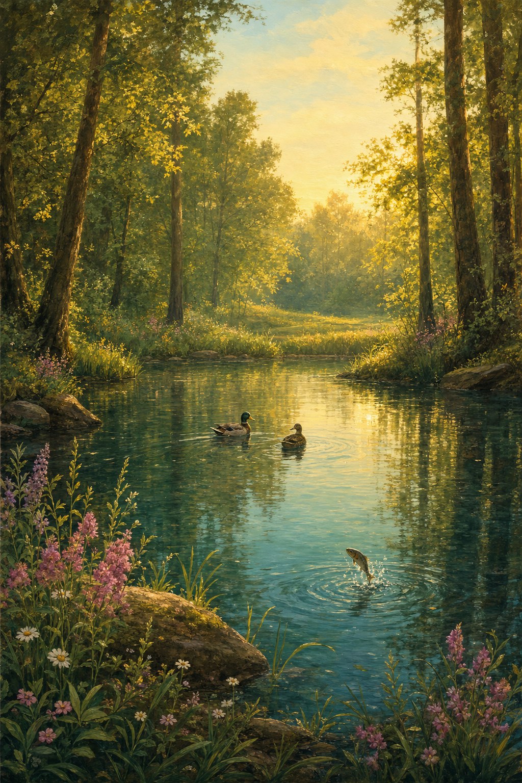 A peaceful pond with ducks, a jumping fish, and trees in the Promise Hill storybook style