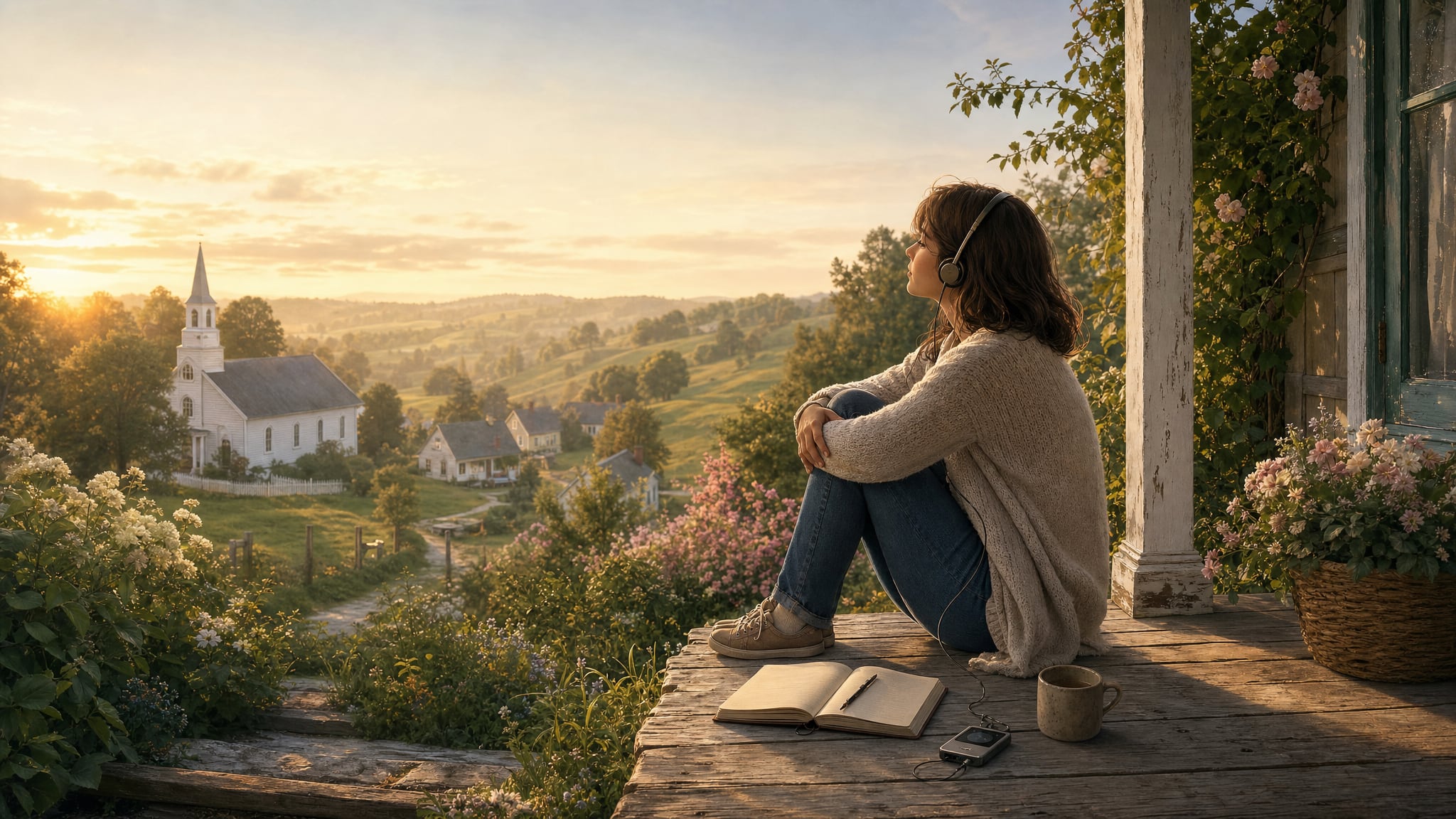 A woman listening to an audio drama from a flower-lined porch above Promise Hill