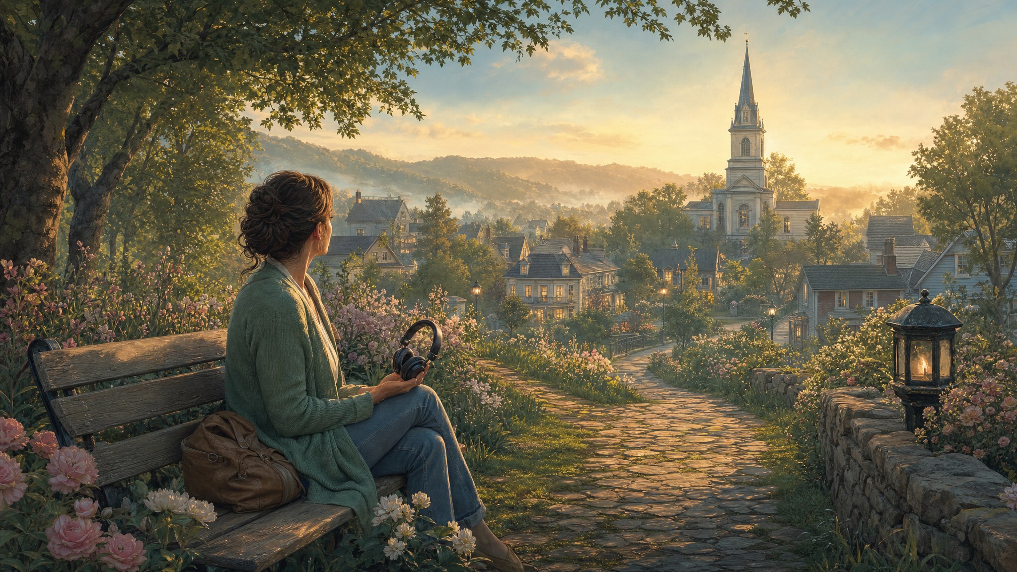 A woman with headphones looking toward the fictional town of Promise Hill at sunrise