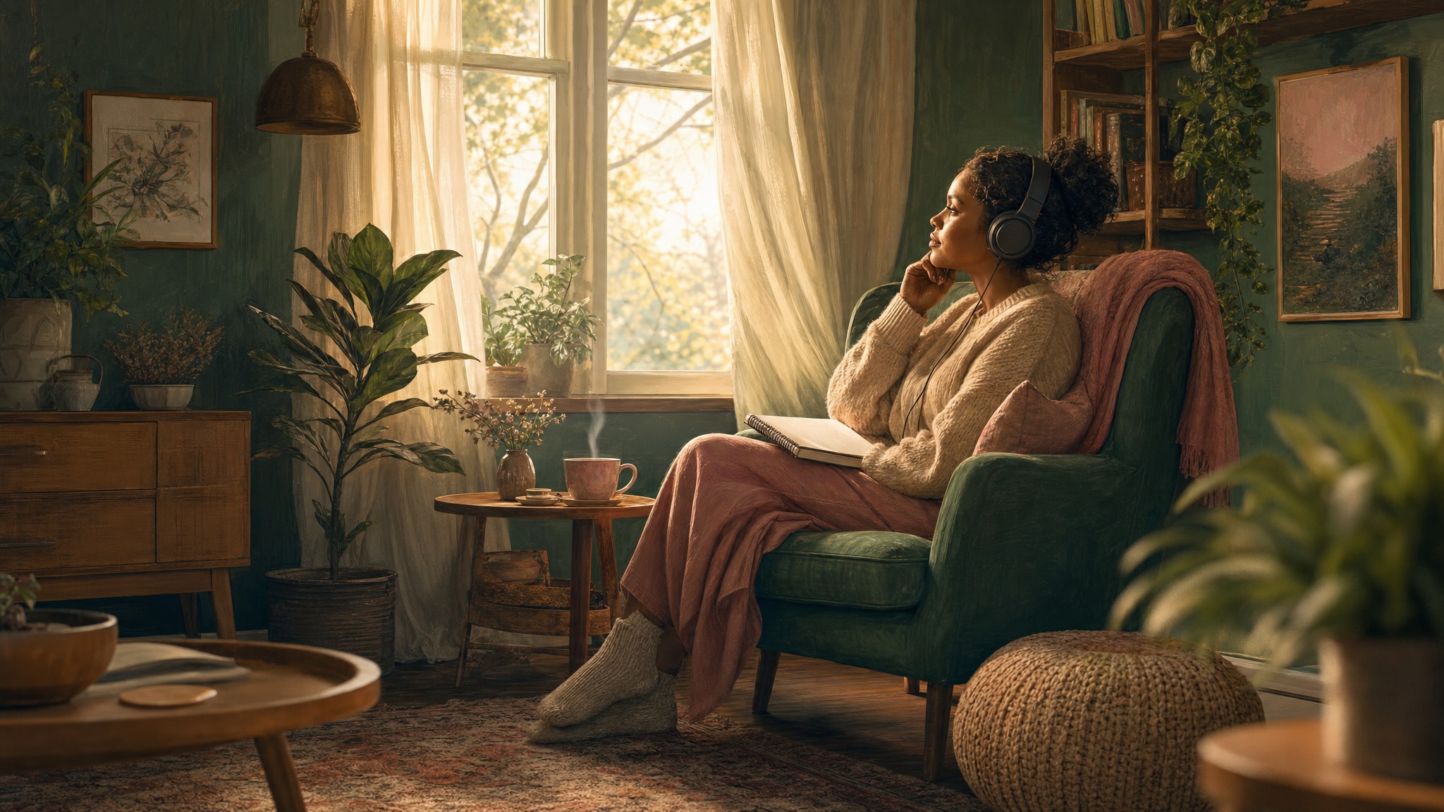 A woman listening to a podcast in a warm, sunlit room