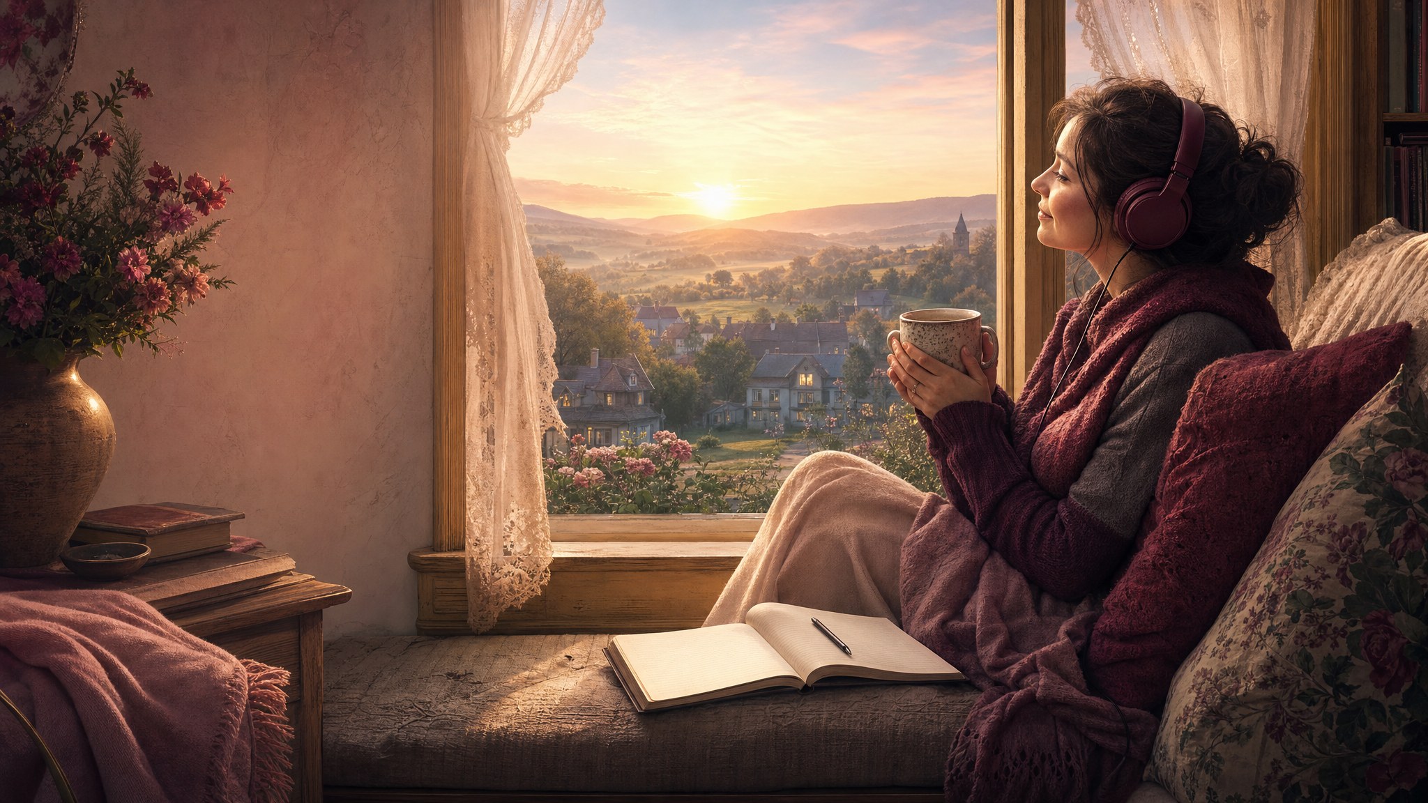 A woman listening with headphones by a sunrise window above Promise Hill