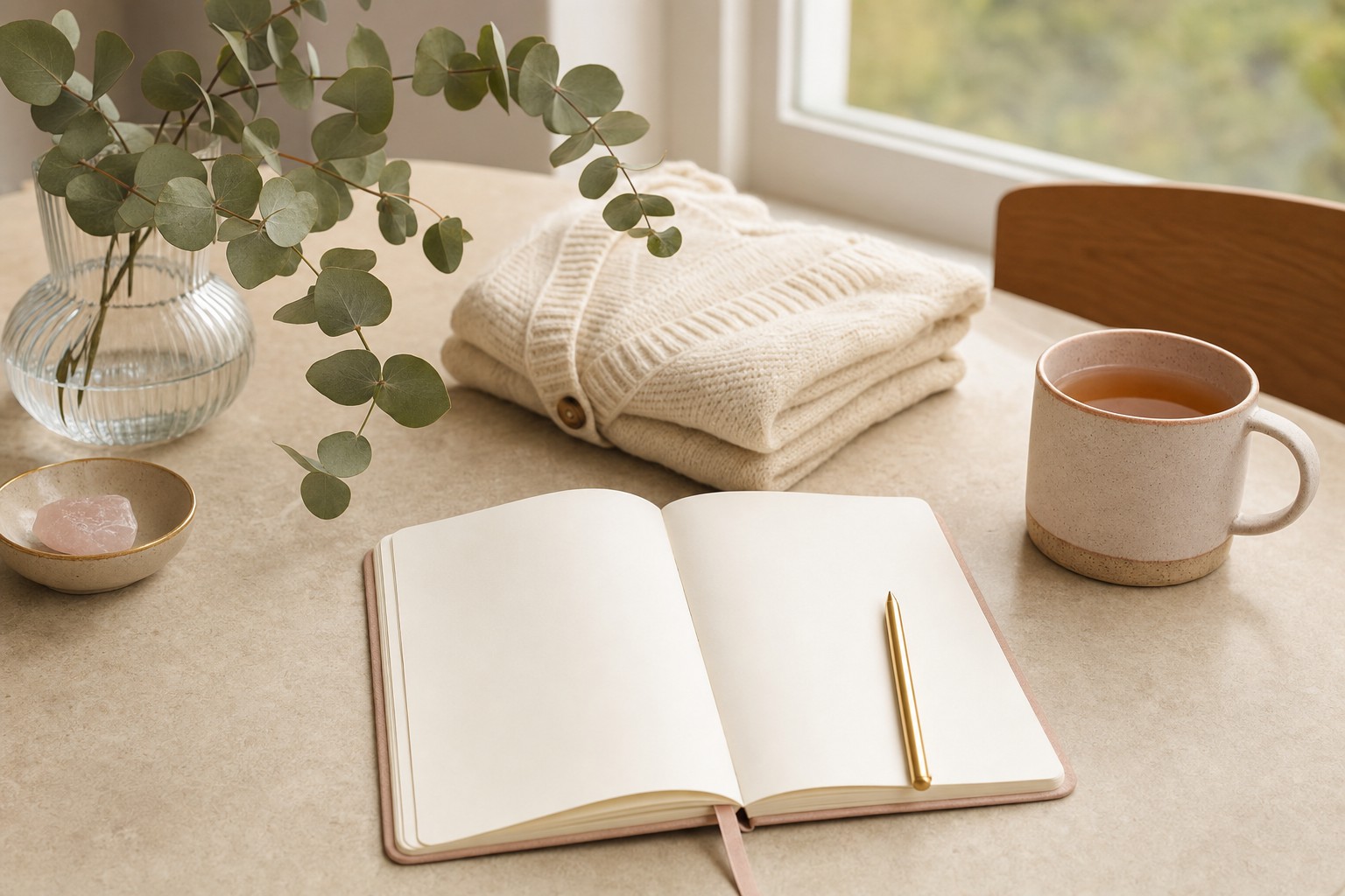 Open blank journal, tea, and eucalyptus on a morning table