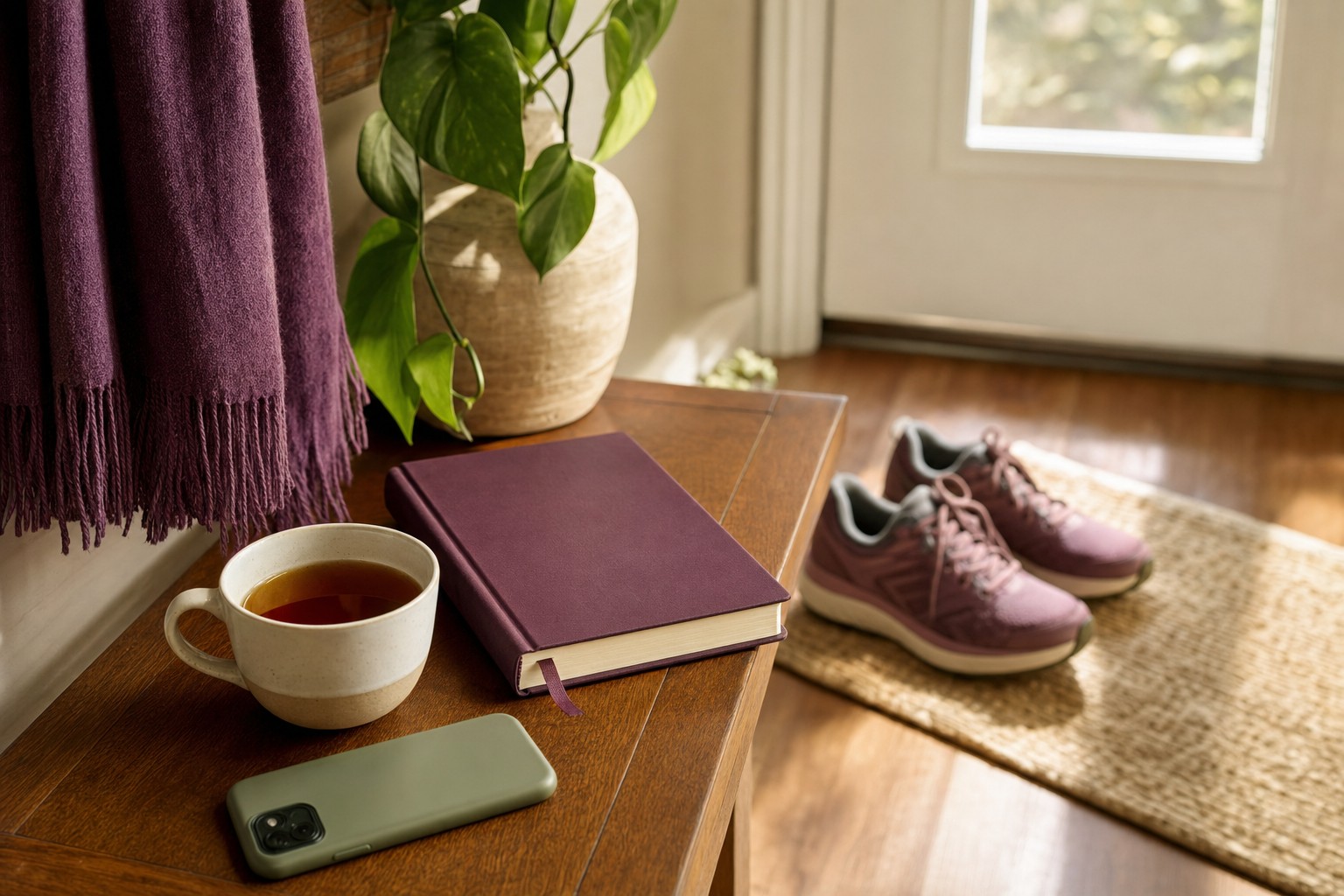 Closed journal, tea, phone, and walking shoes by a sunny doorway