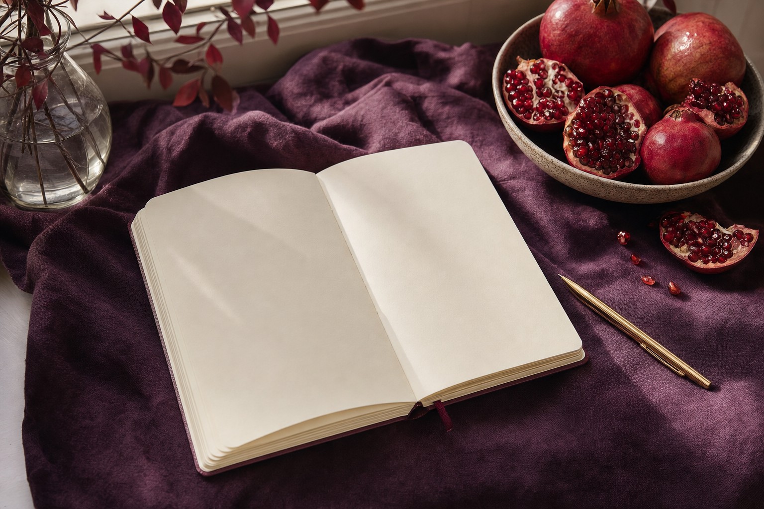 Open blank journal with a gold pen and pomegranates on plum fabric