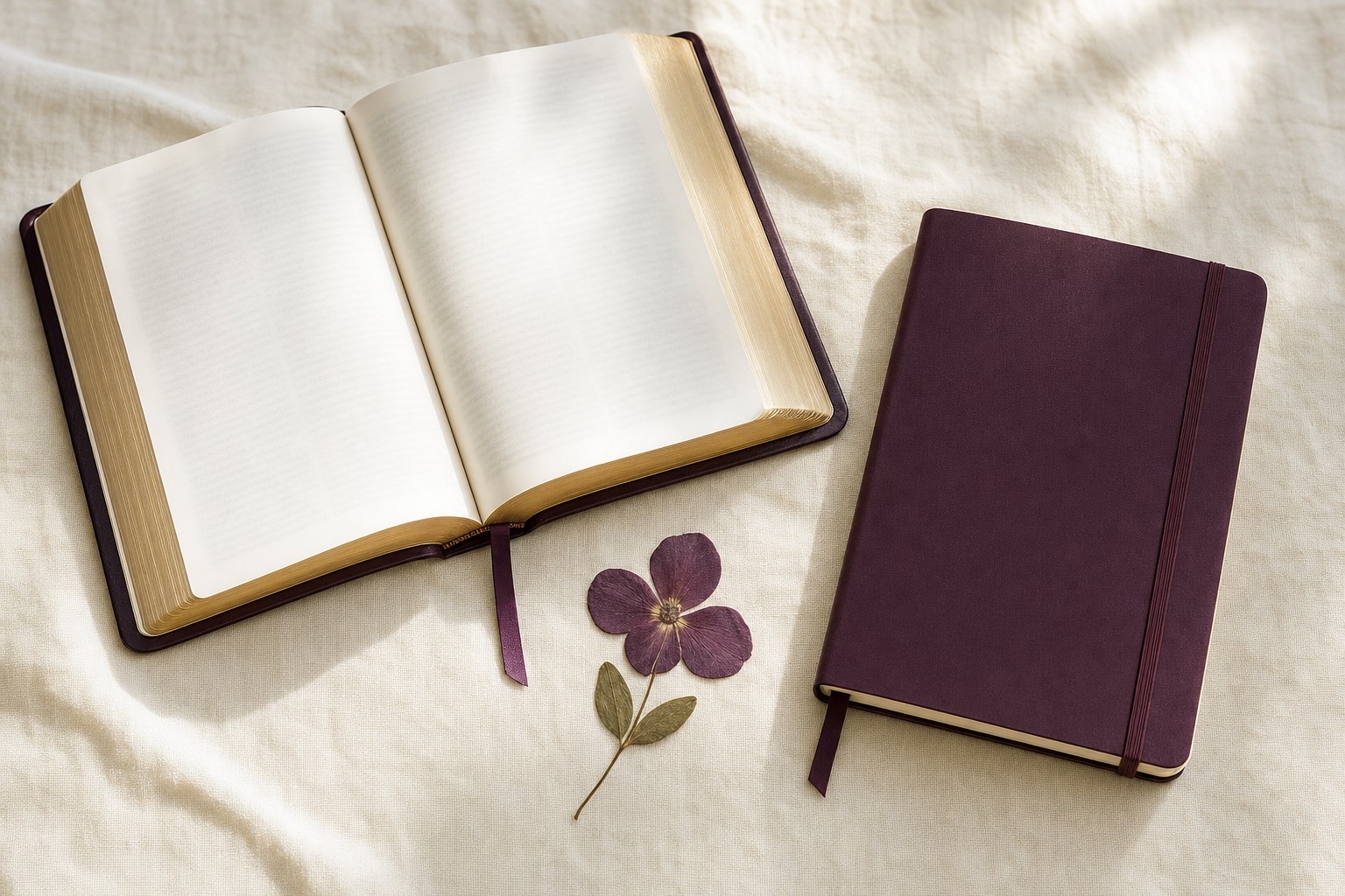 Open Bible and plum journal on cream linen with a pressed flower