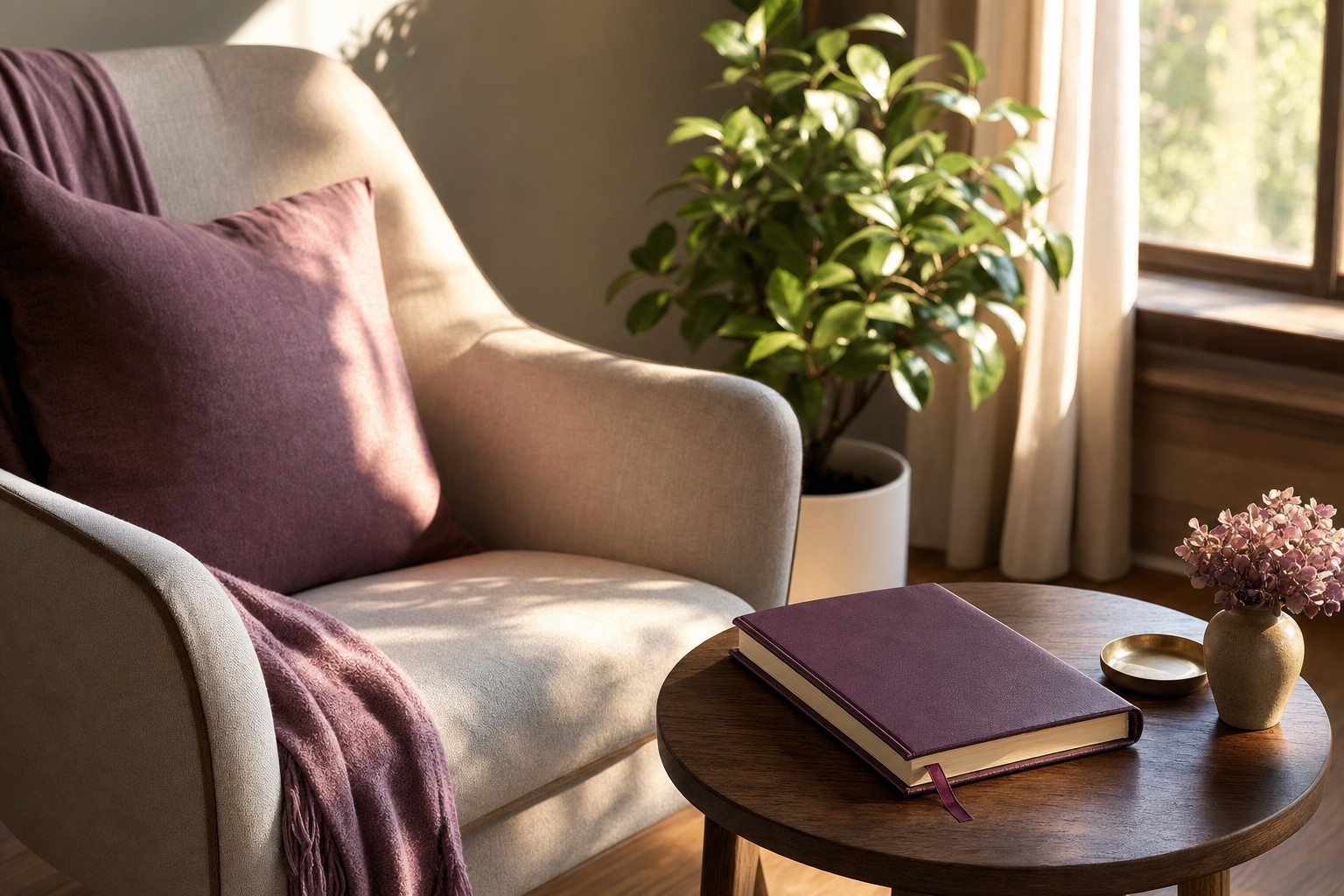Plum journal on a wood table beside a sunlit chair