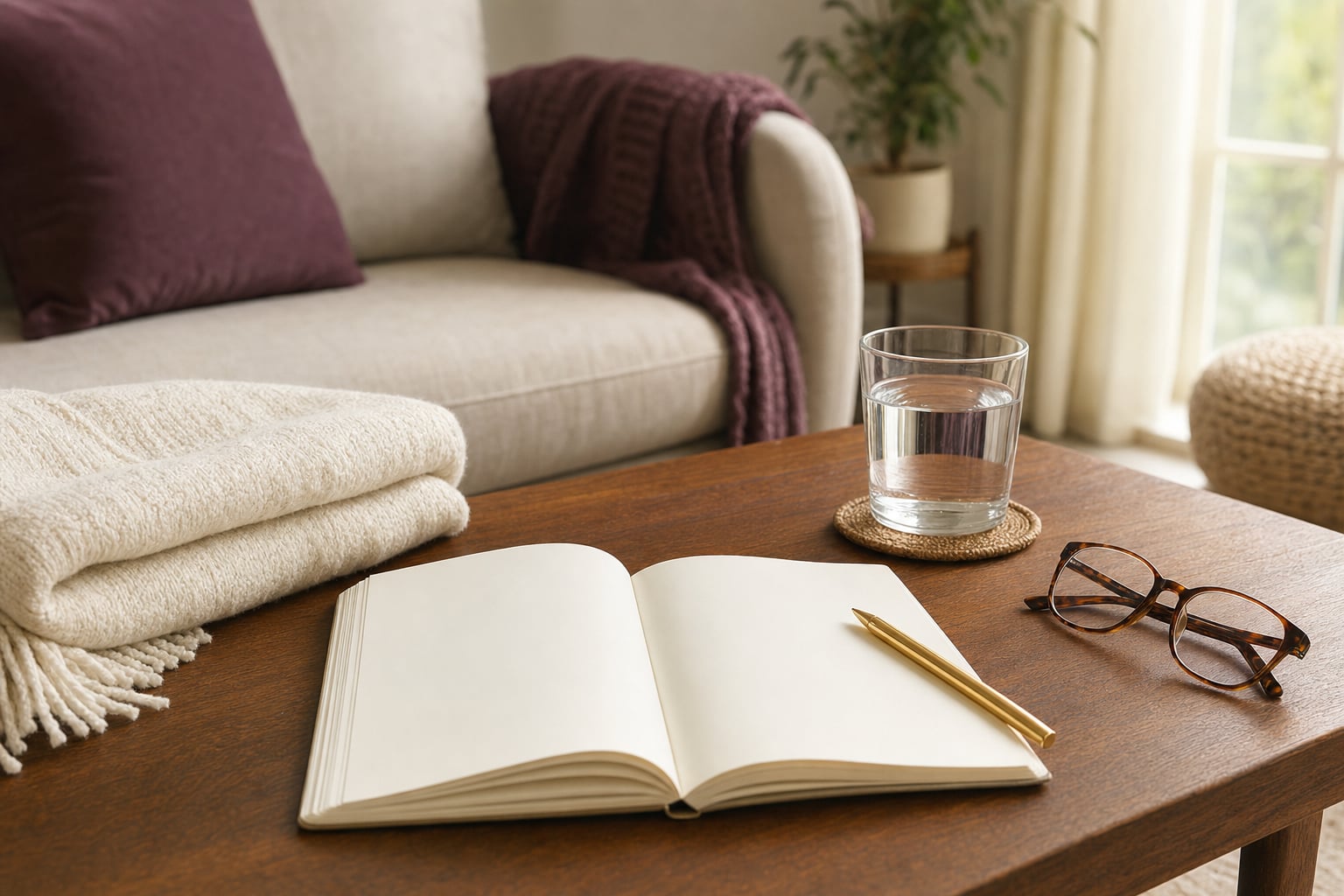 Blank journal, glass of water, and folded blanket in a sunlit living room
