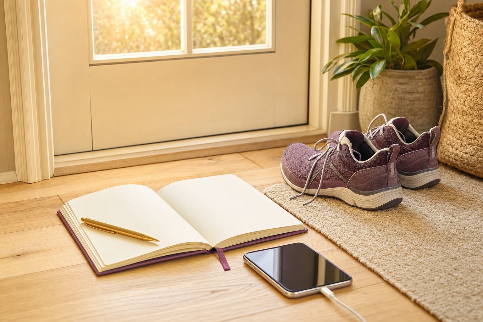 Open journal, phone, and walking shoes by a bright doorway