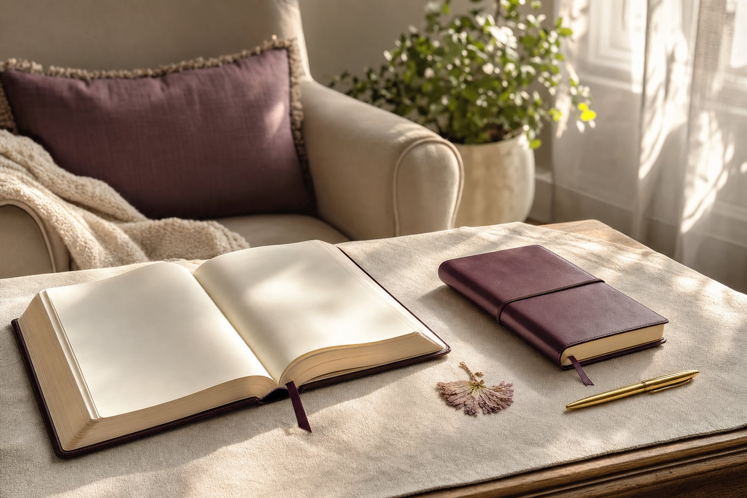 Open journal and closed plum journal beside a pressed flower in window light