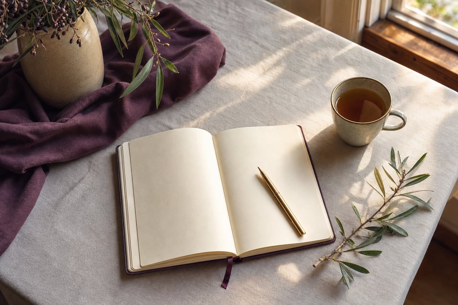 Open blank journal with a gold pen and tea beside a sunlit window