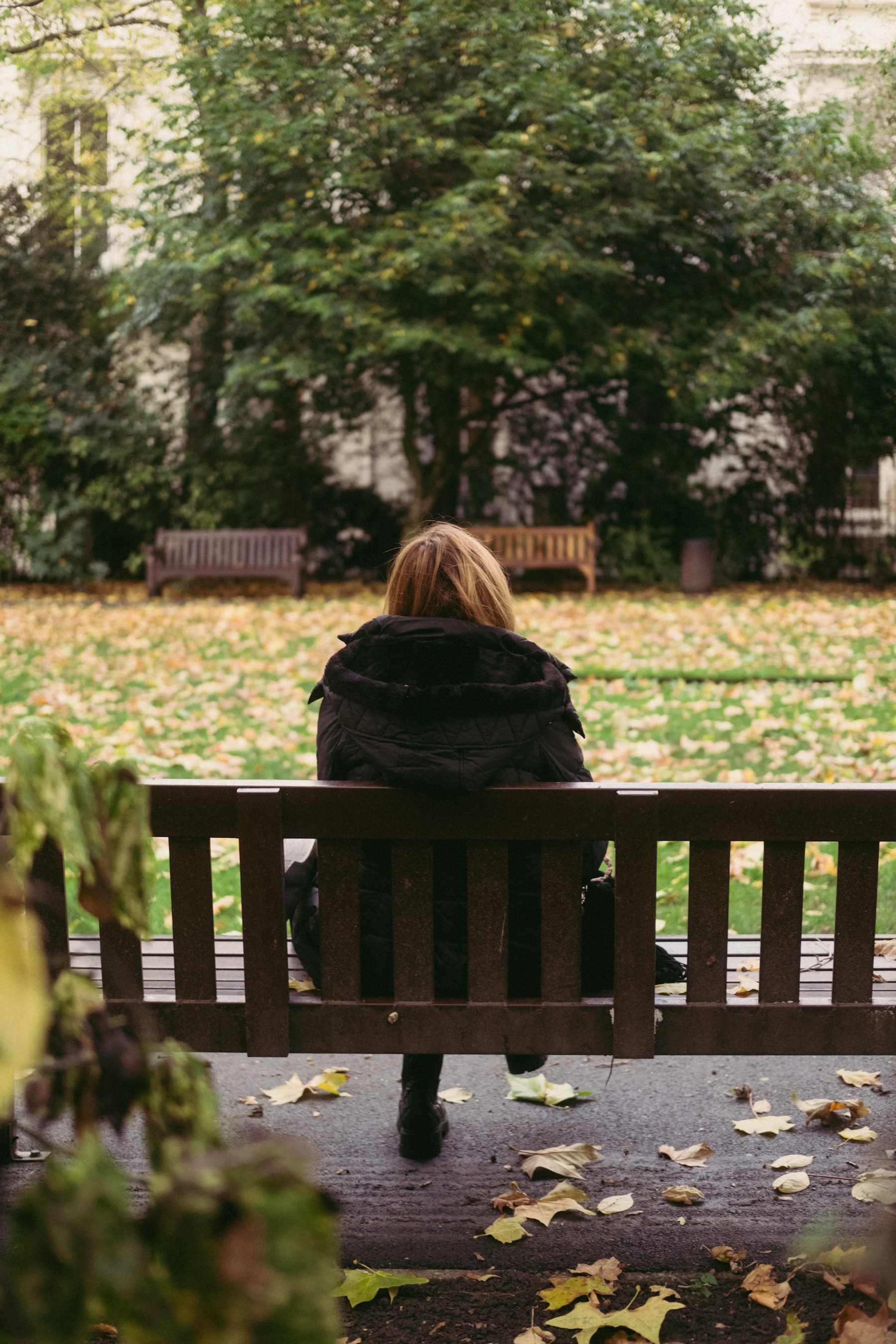 Woman sitting quietly on a park bench among autumn trees