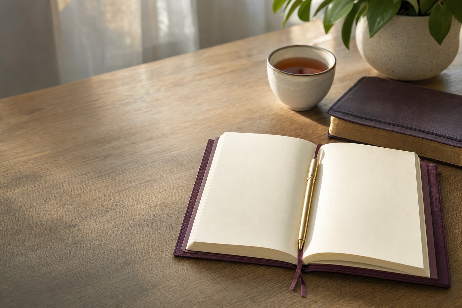 Open plum journal with a gold pen on a sunlit table