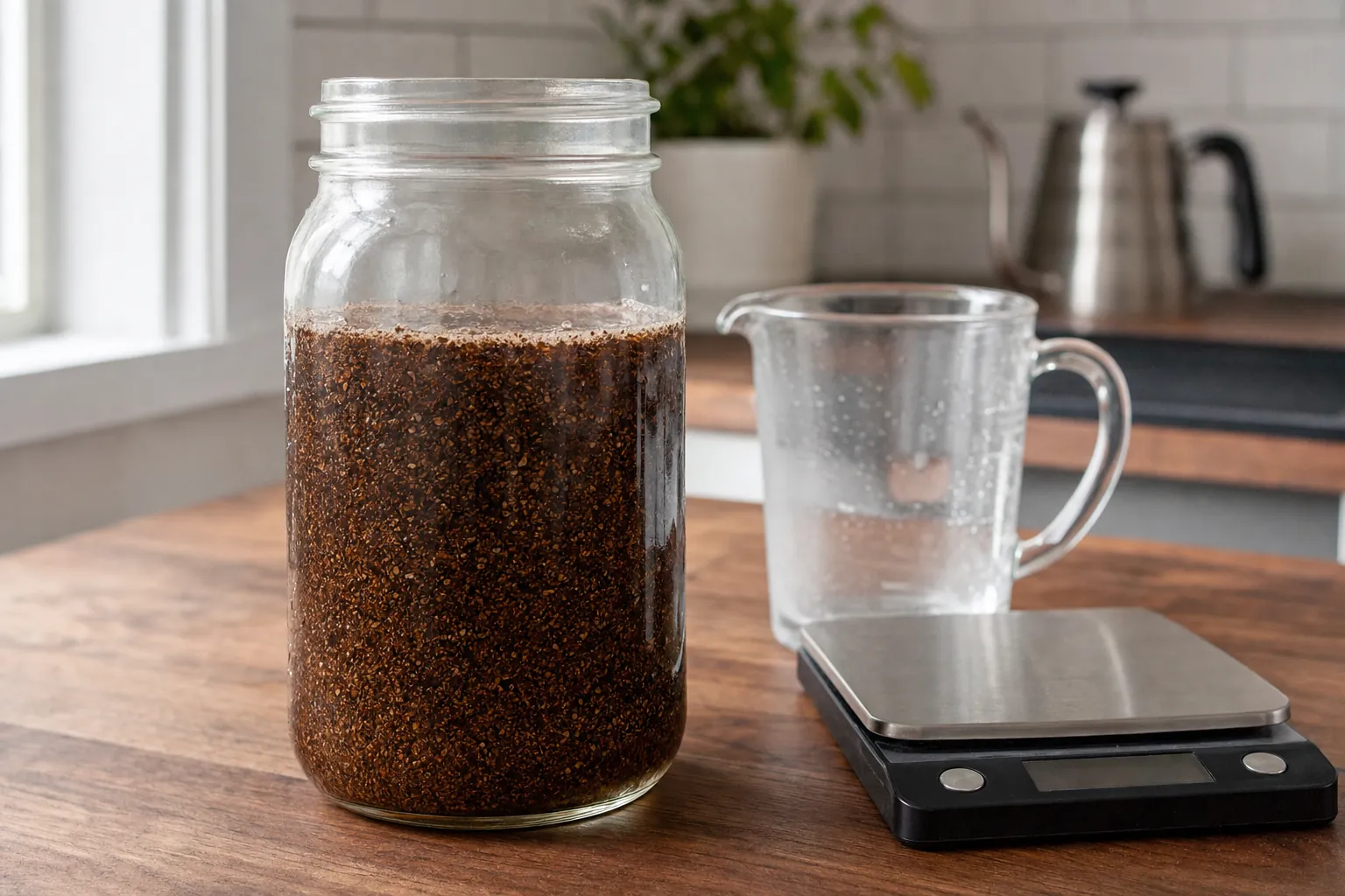 Coffee grounds steeping in water for a cold brew batch