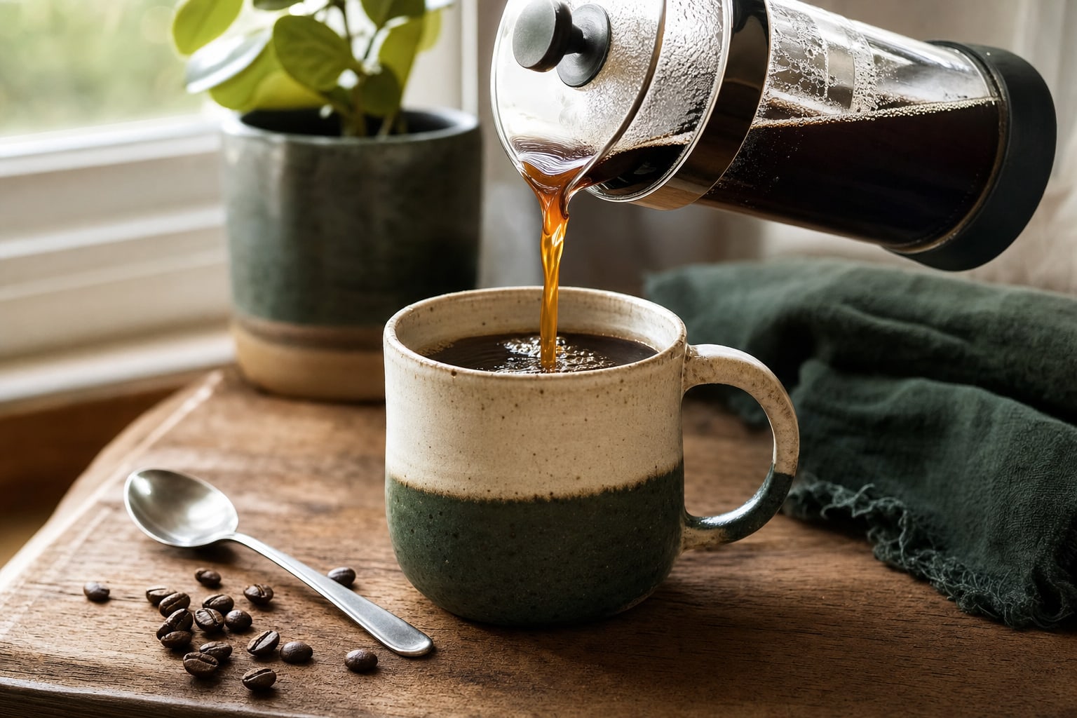 Fresh coffee being poured from a French press into a ceramic mug