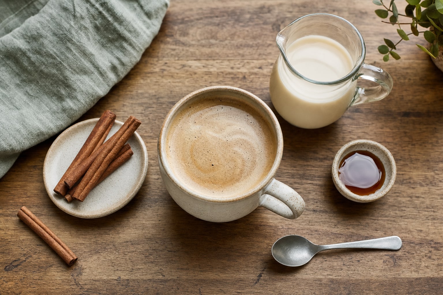 Creamy coffee with oat milk, cinnamon, maple syrup, and a spoon