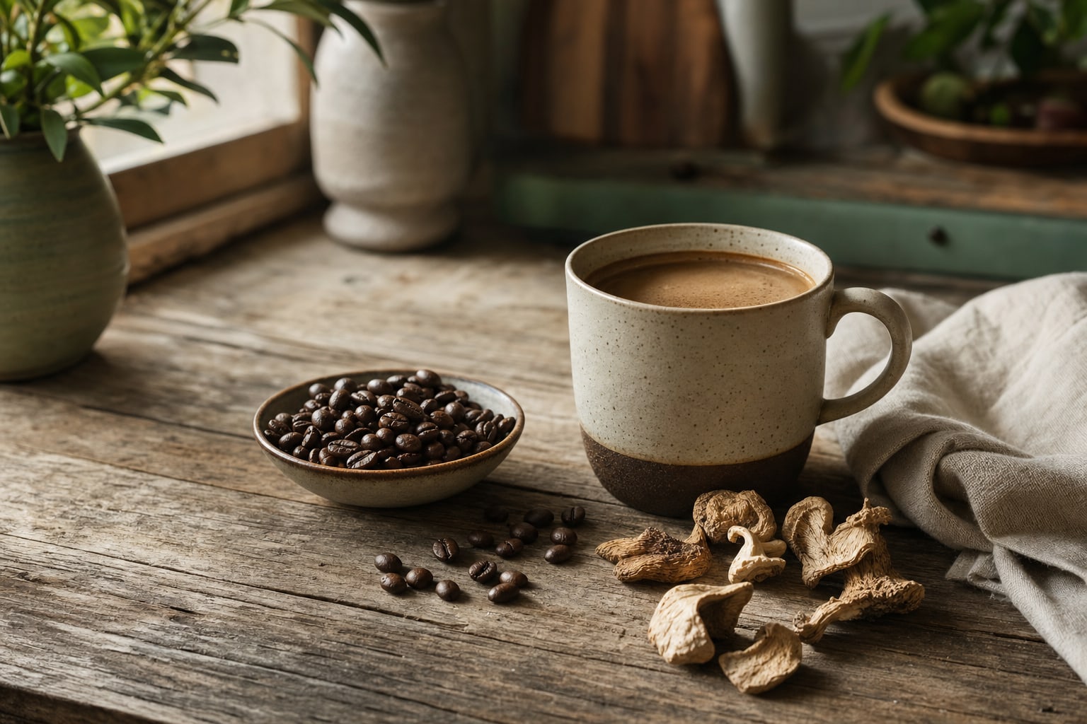 Mushroom coffee in a ceramic mug with coffee beans and dried mushrooms on a wood table