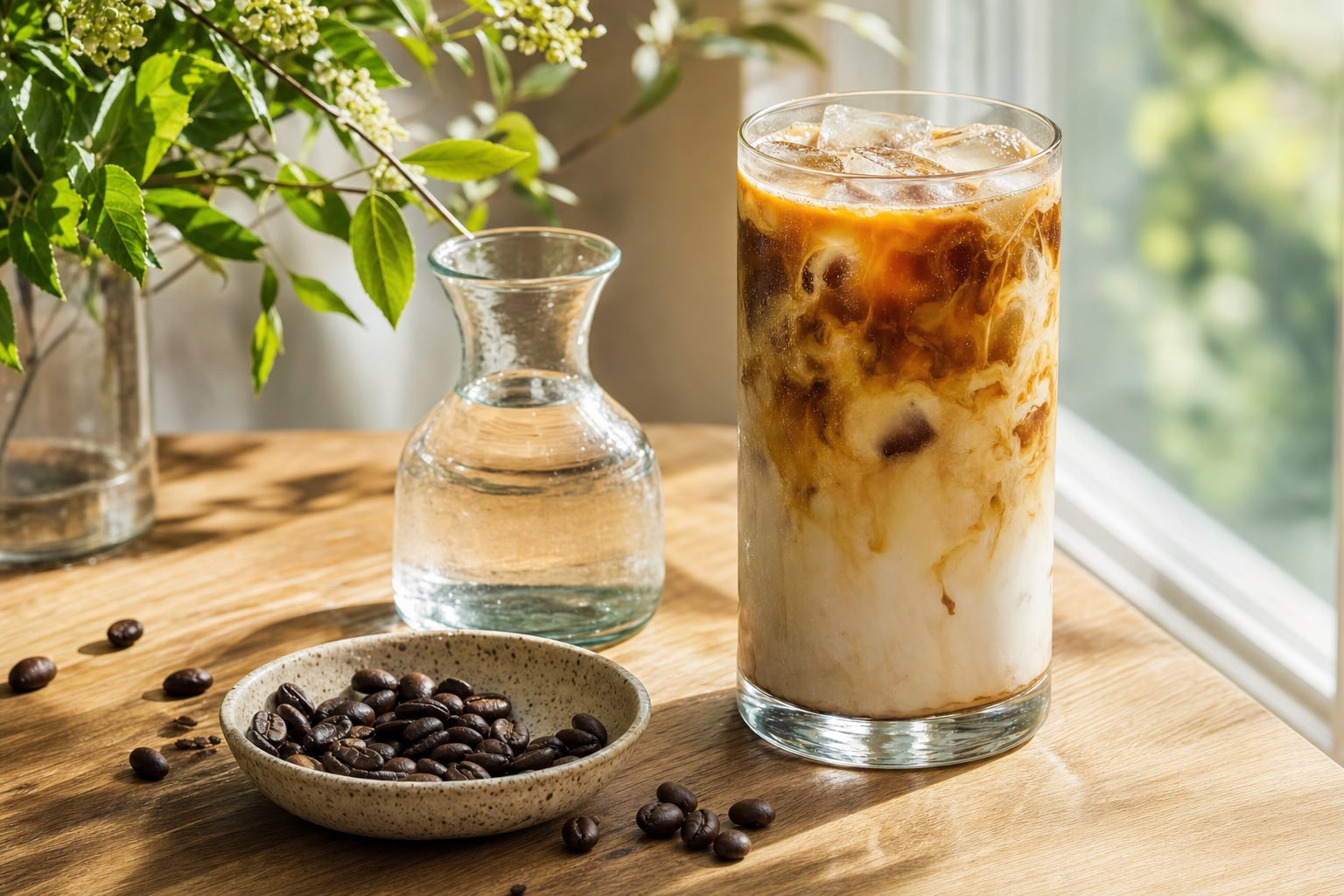 Iced coffee with milk swirling through it beside coffee beans
