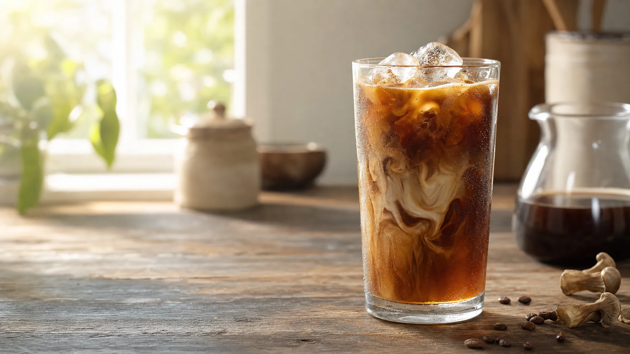 Iced mushroom coffee in a tall glass on a wood table