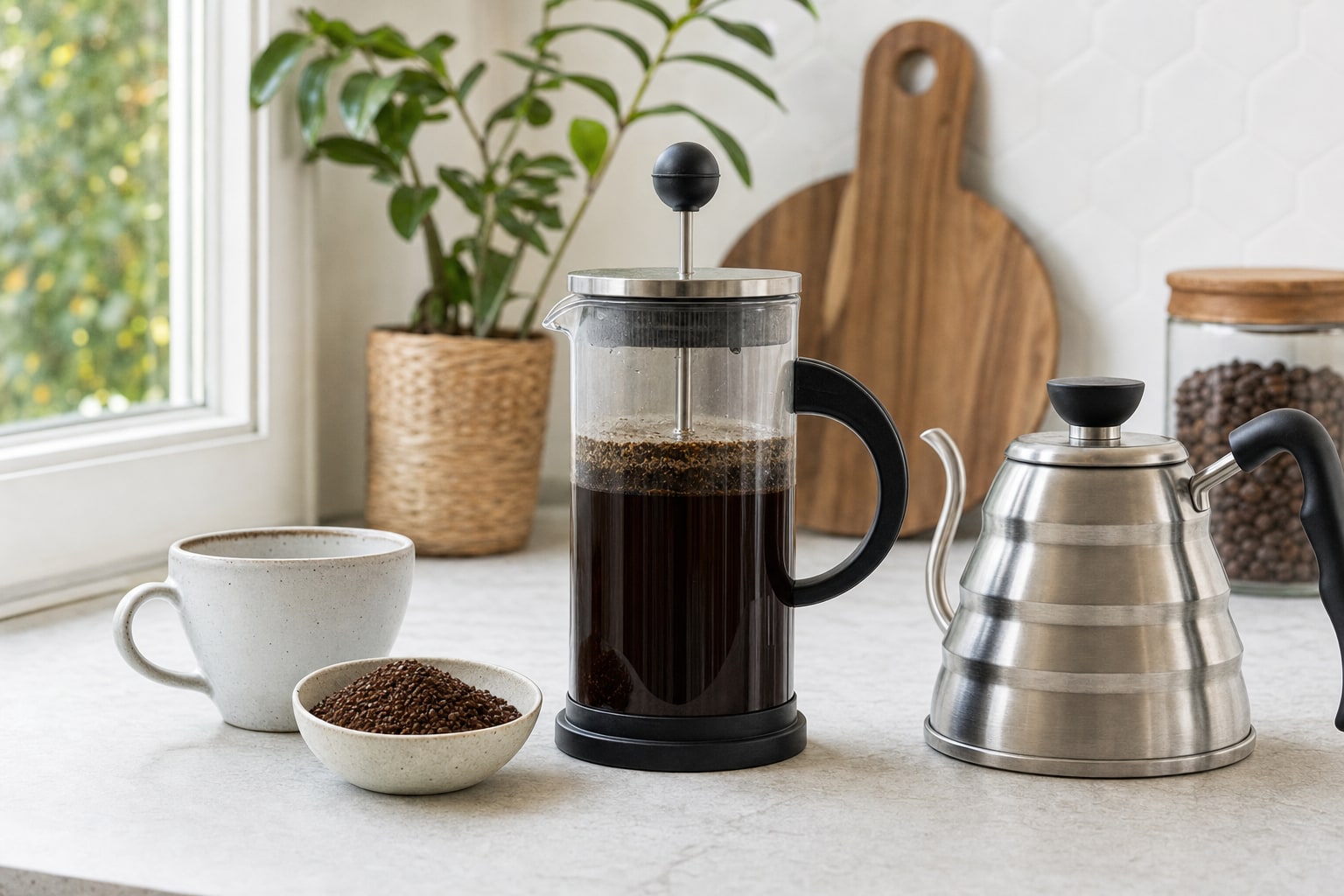 French press coffee beside a kettle, mug, and bowl of ground coffee