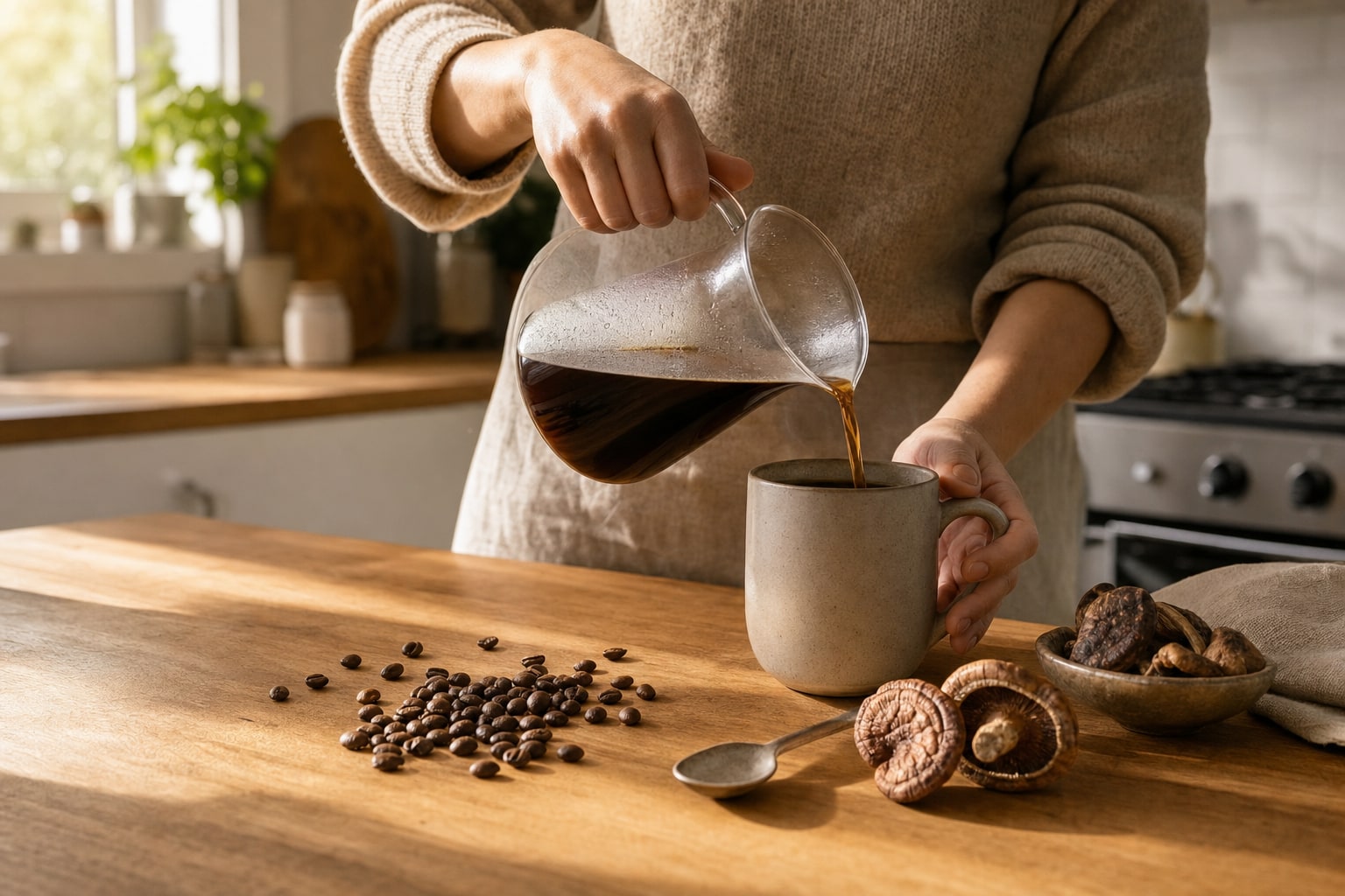 Fresh coffee being poured into a ceramic mug beside coffee beans and dried mushrooms