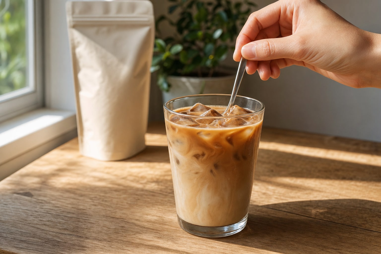 Iced coffee with milk being stirred in a clear glass