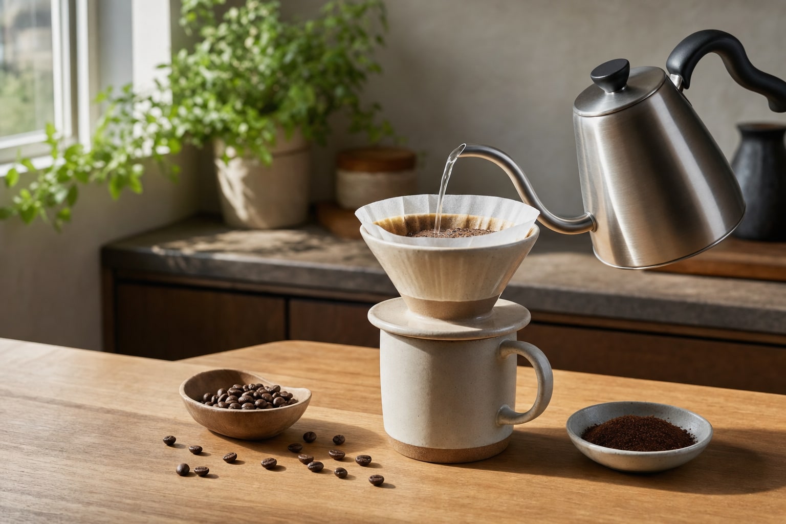 Pour-over coffee brewing into a ceramic mug beside coffee beans and ground coffee