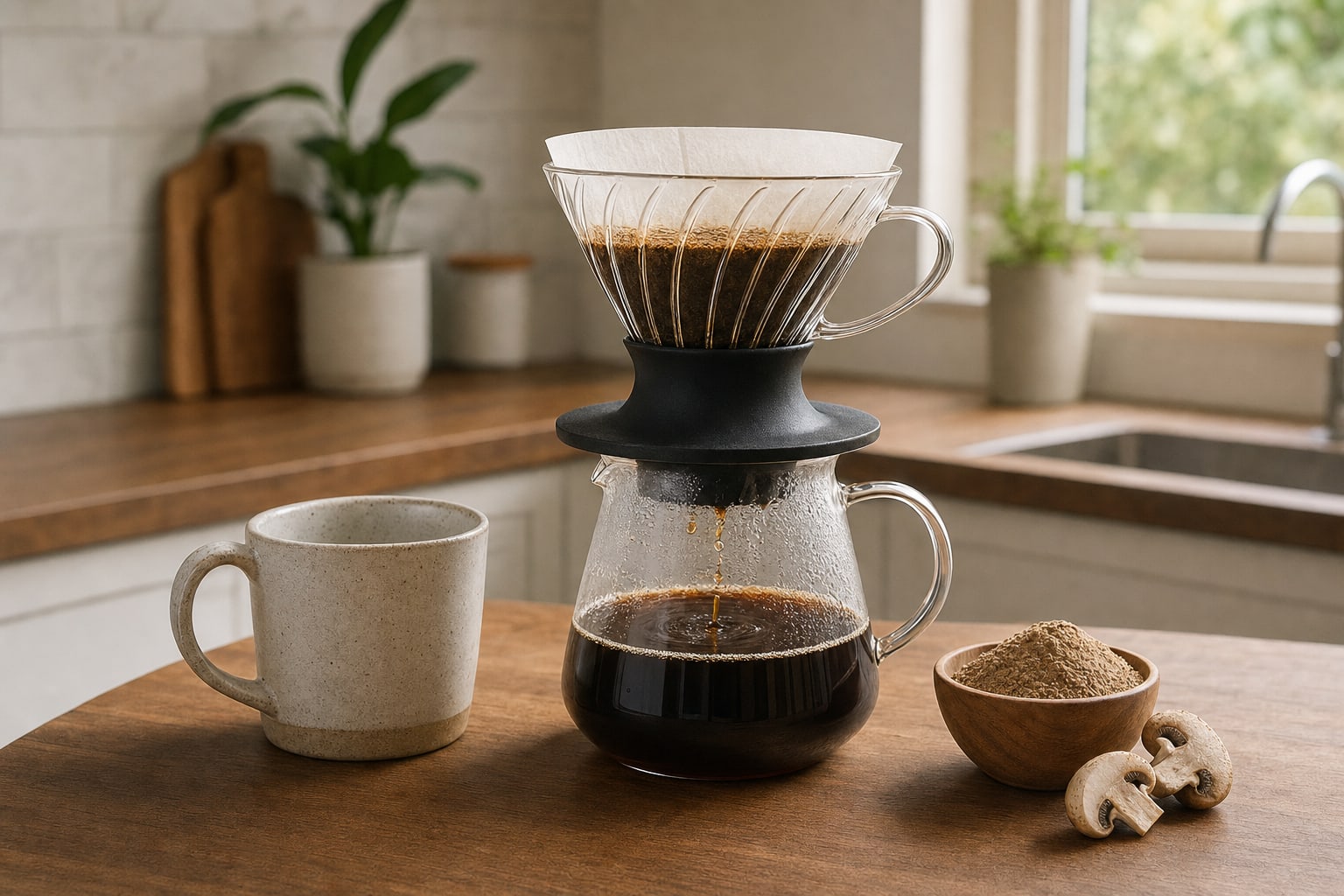 Pour-over coffee brewing beside a mug and mushroom powder on a kitchen counter