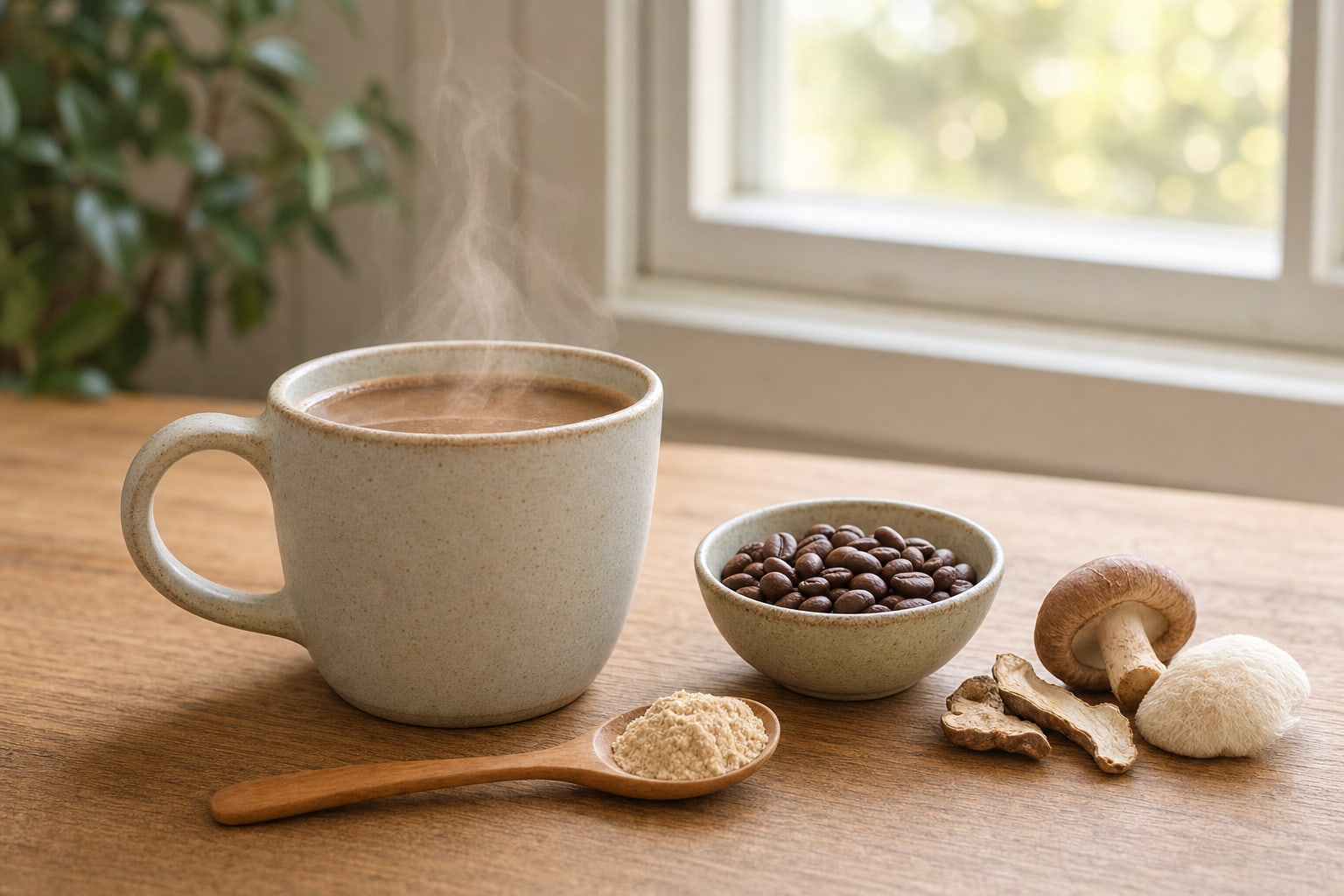 Steaming mushroom coffee beside coffee beans and whole mushrooms on a wood table