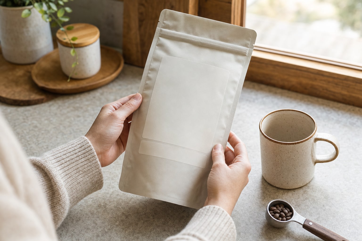 Person checking an unbranded coffee pouch beside a mug and coffee scoop
