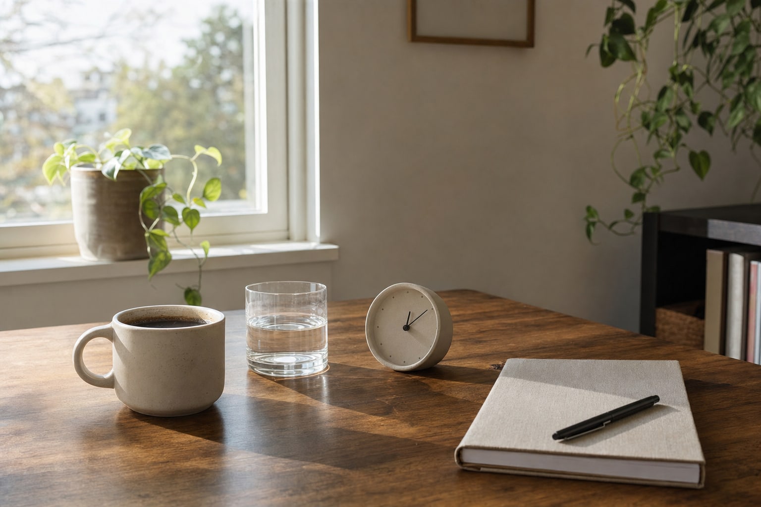 Morning coffee, water, clock, and notebook arranged by a bright window