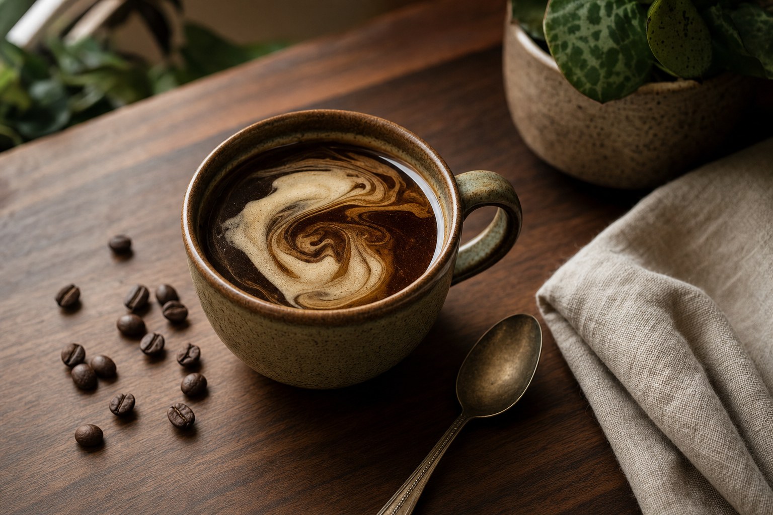 Creamy mushroom coffee in a handmade ceramic cup on a wood table