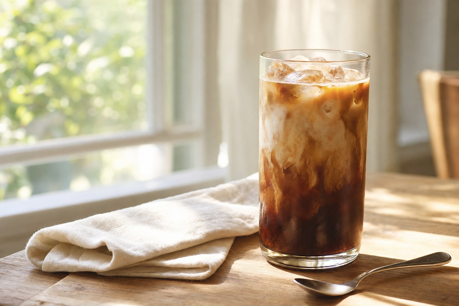 Iced coffee with milk and ice beside a bright window