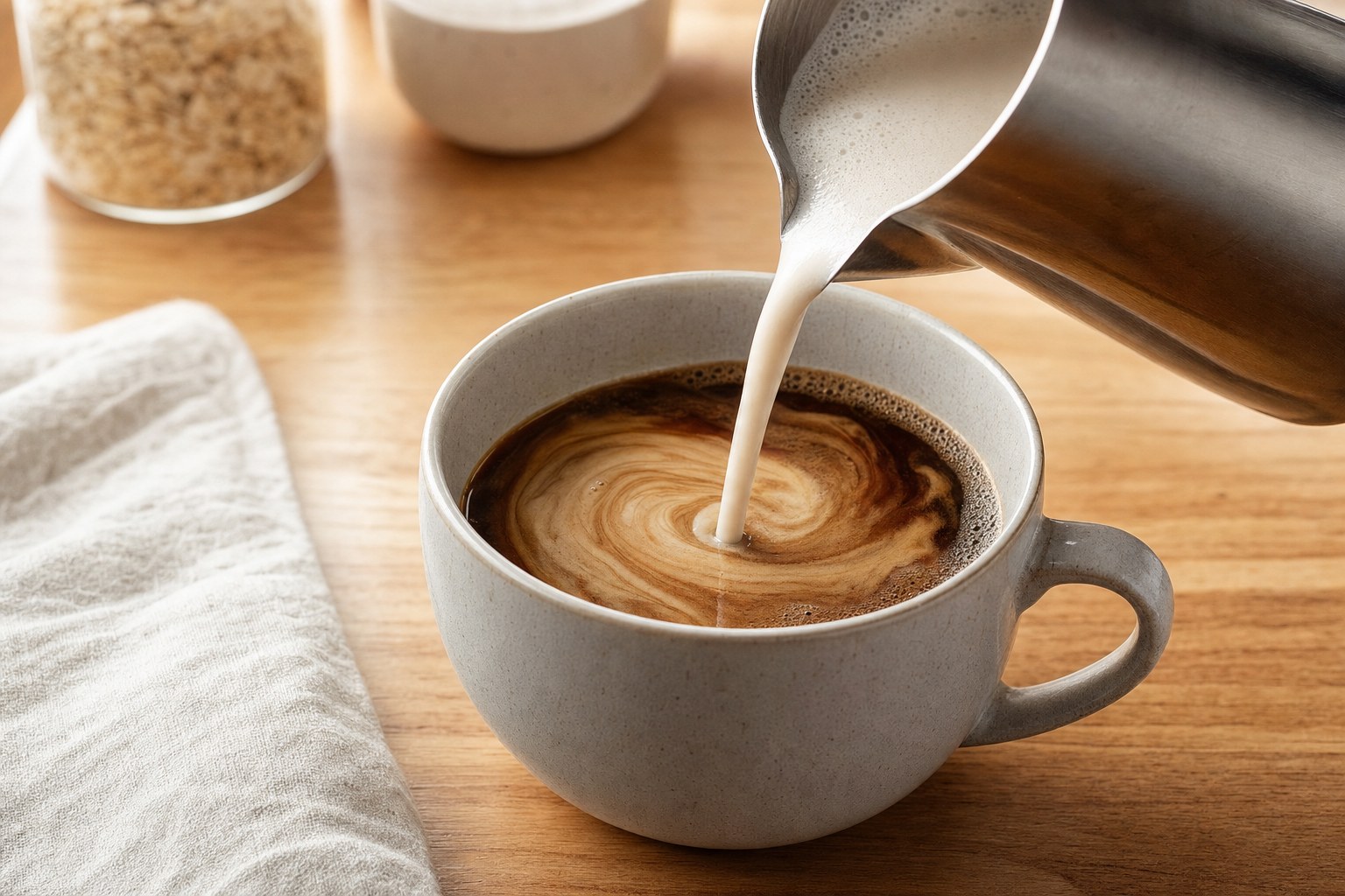 Oat milk being poured into a cup of coffee