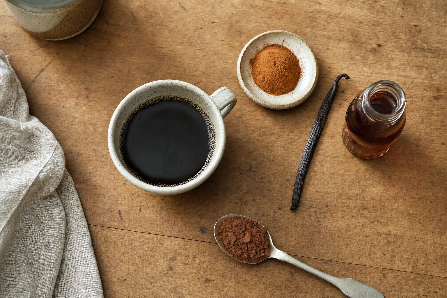 Coffee with cinnamon, vanilla, cocoa, and maple syrup on a wood table