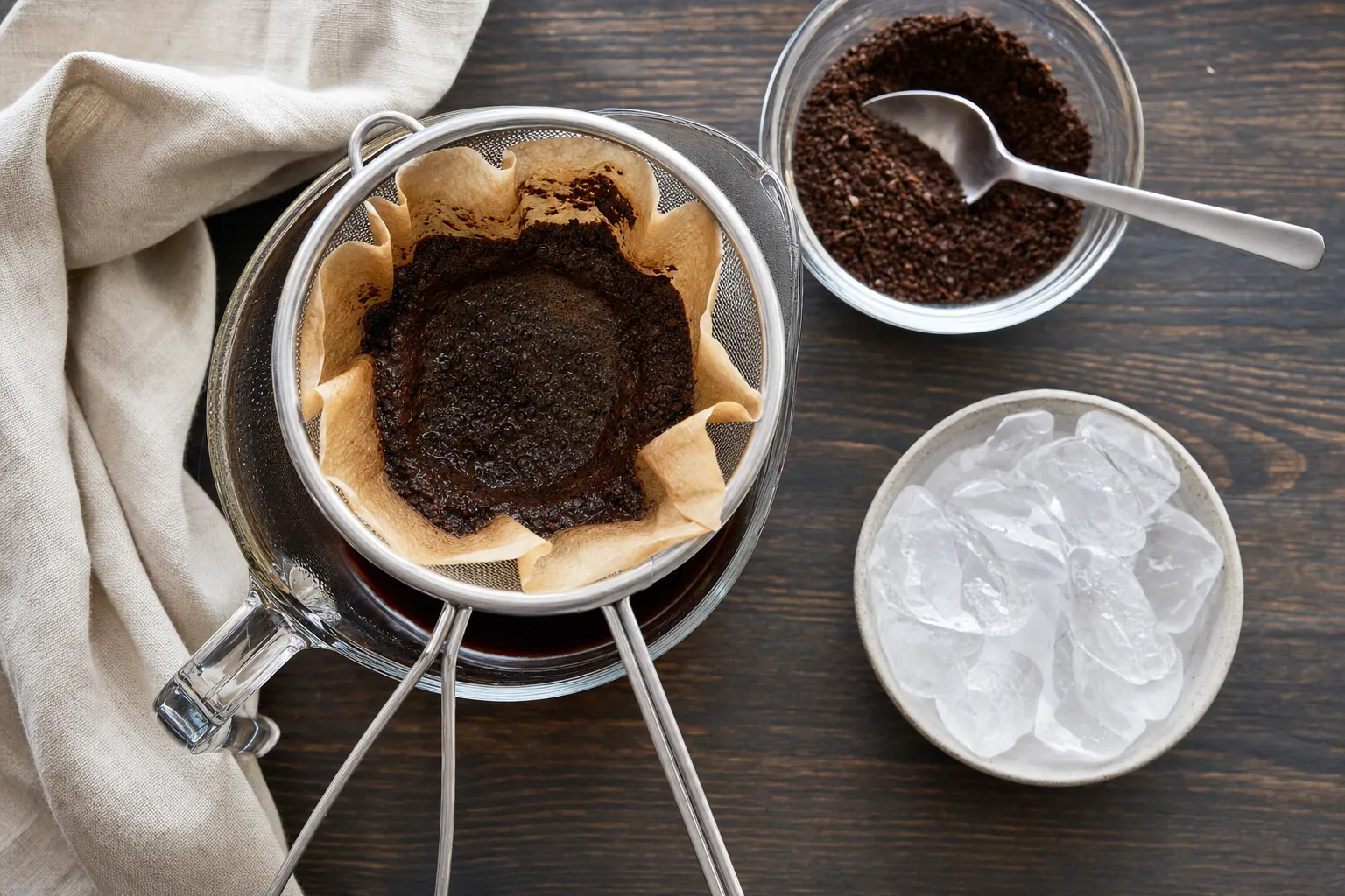 Cold brew coffee being strained through a paper filter