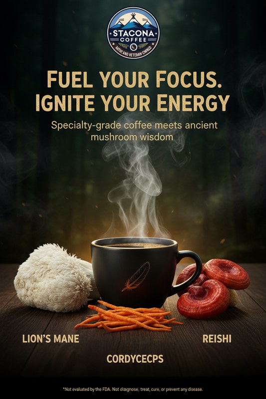 Steaming coffee beside lion’s mane, reishi, and cordyceps mushrooms