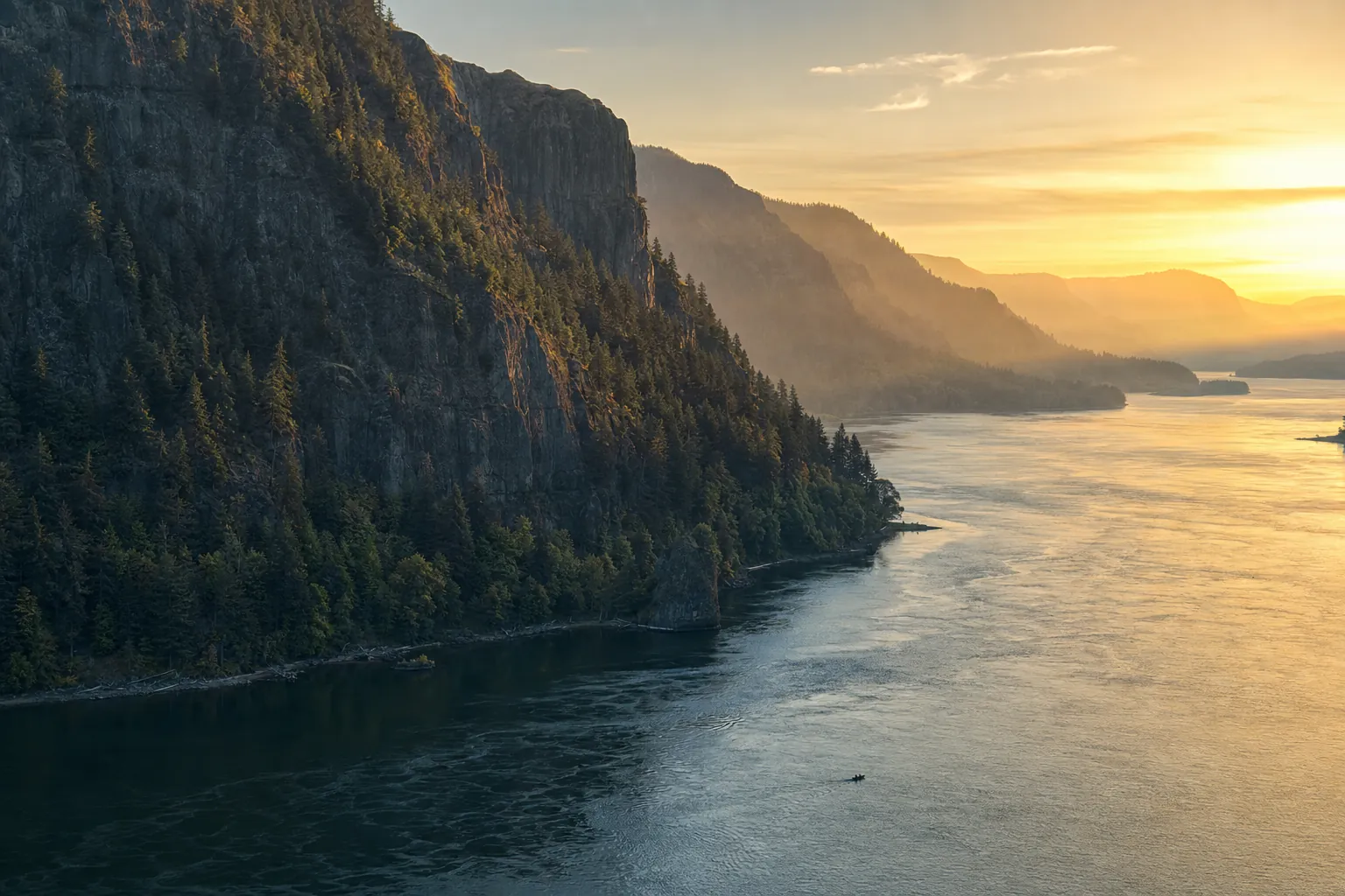 Columbia River Gorge at sunrise with basalt cliffs, pine forest, and a canoe on the river