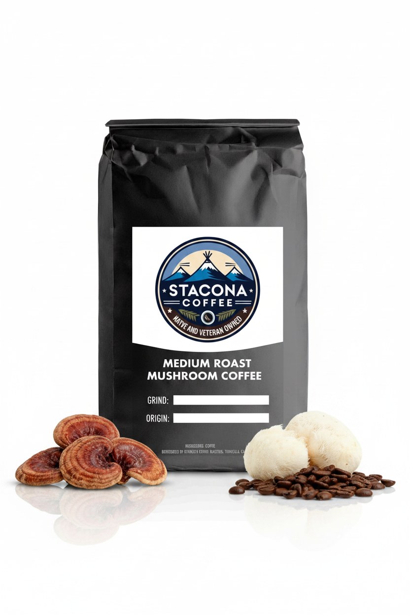 Stacona Coffee medium roast mushroom coffee bag with coffee beans and mushrooms