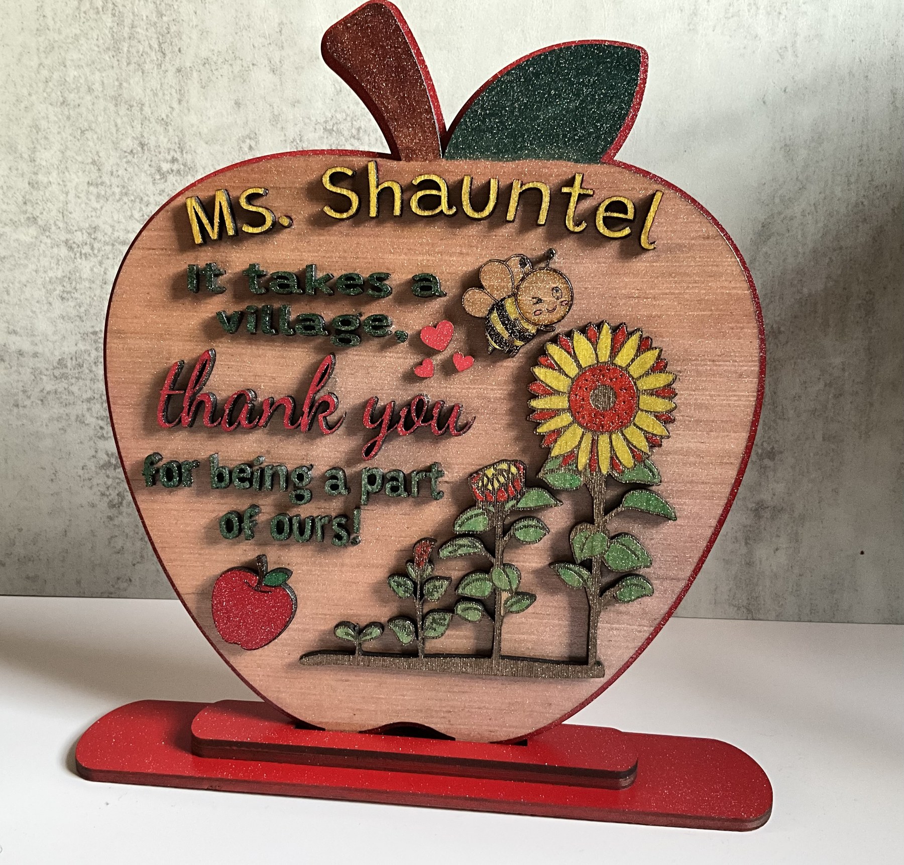 Personalized wooden apple keepsake for a teacher