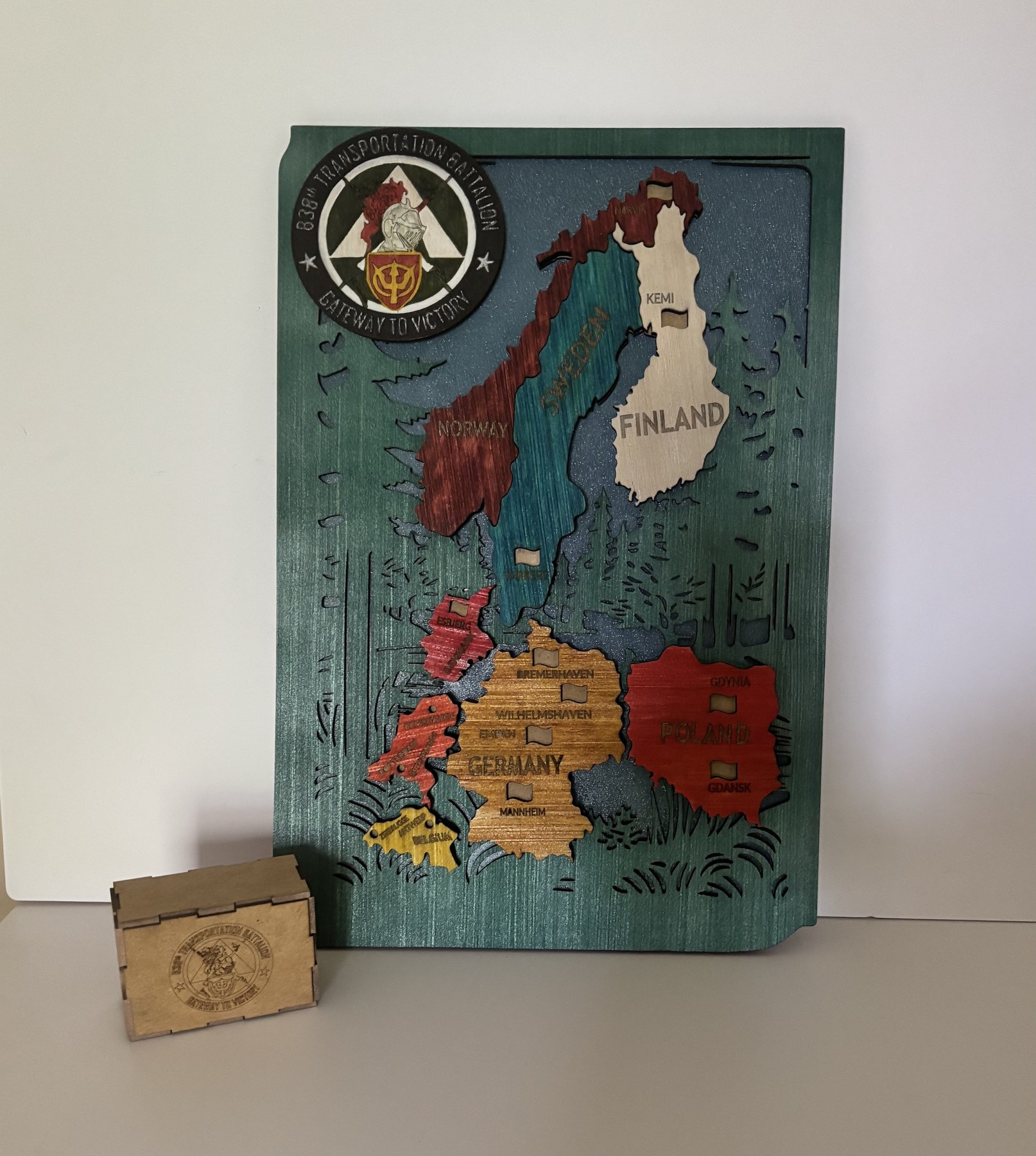 Custom wooden military service tribute with a map of Finland