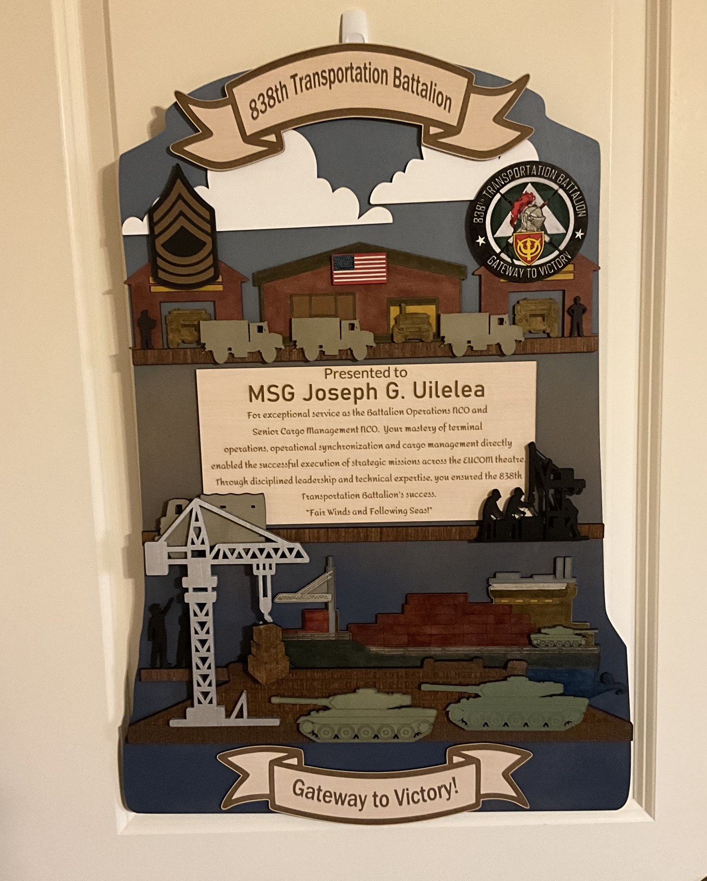 Custom wooden transportation battalion recognition plaque