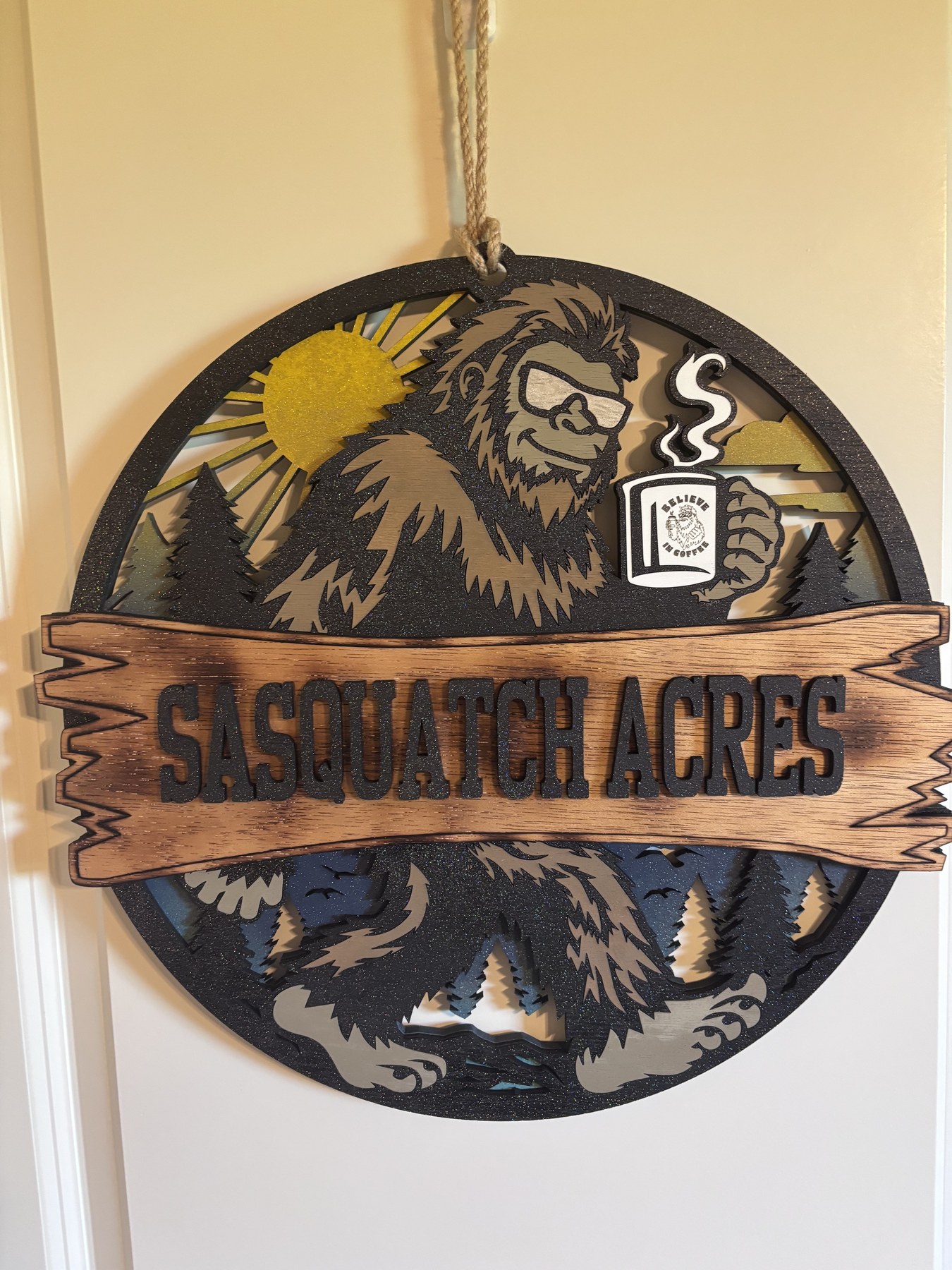 Custom wooden Sasquatch Acres family sign