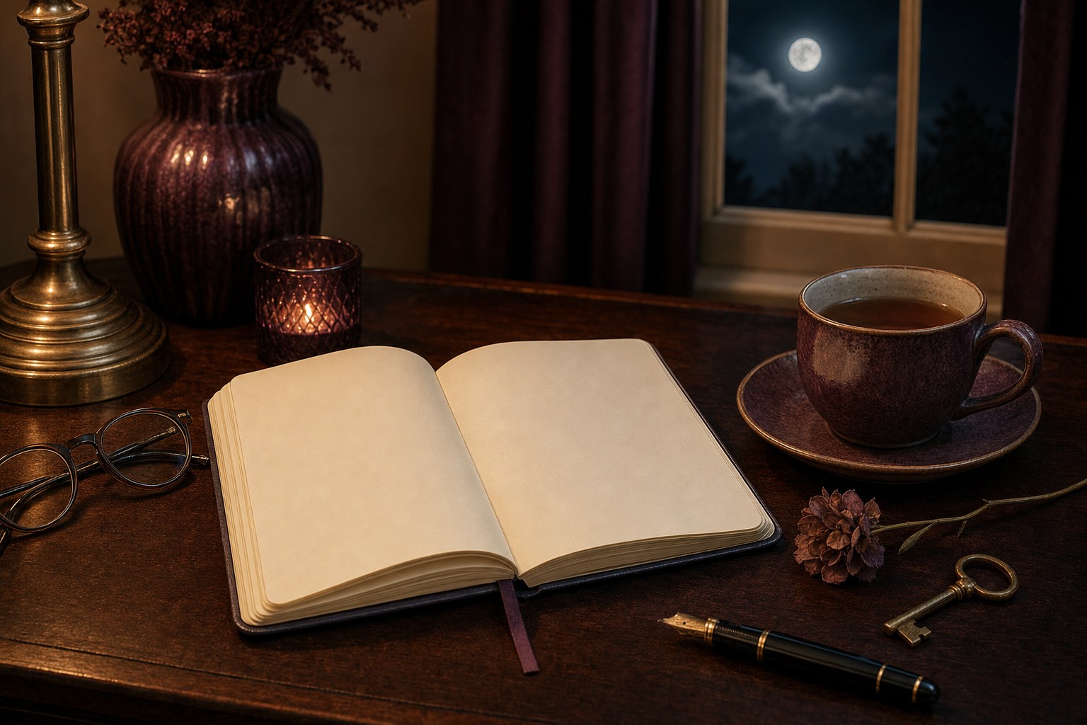 Open journal, tea, fountain pen, and brass key on a moonlit writing desk