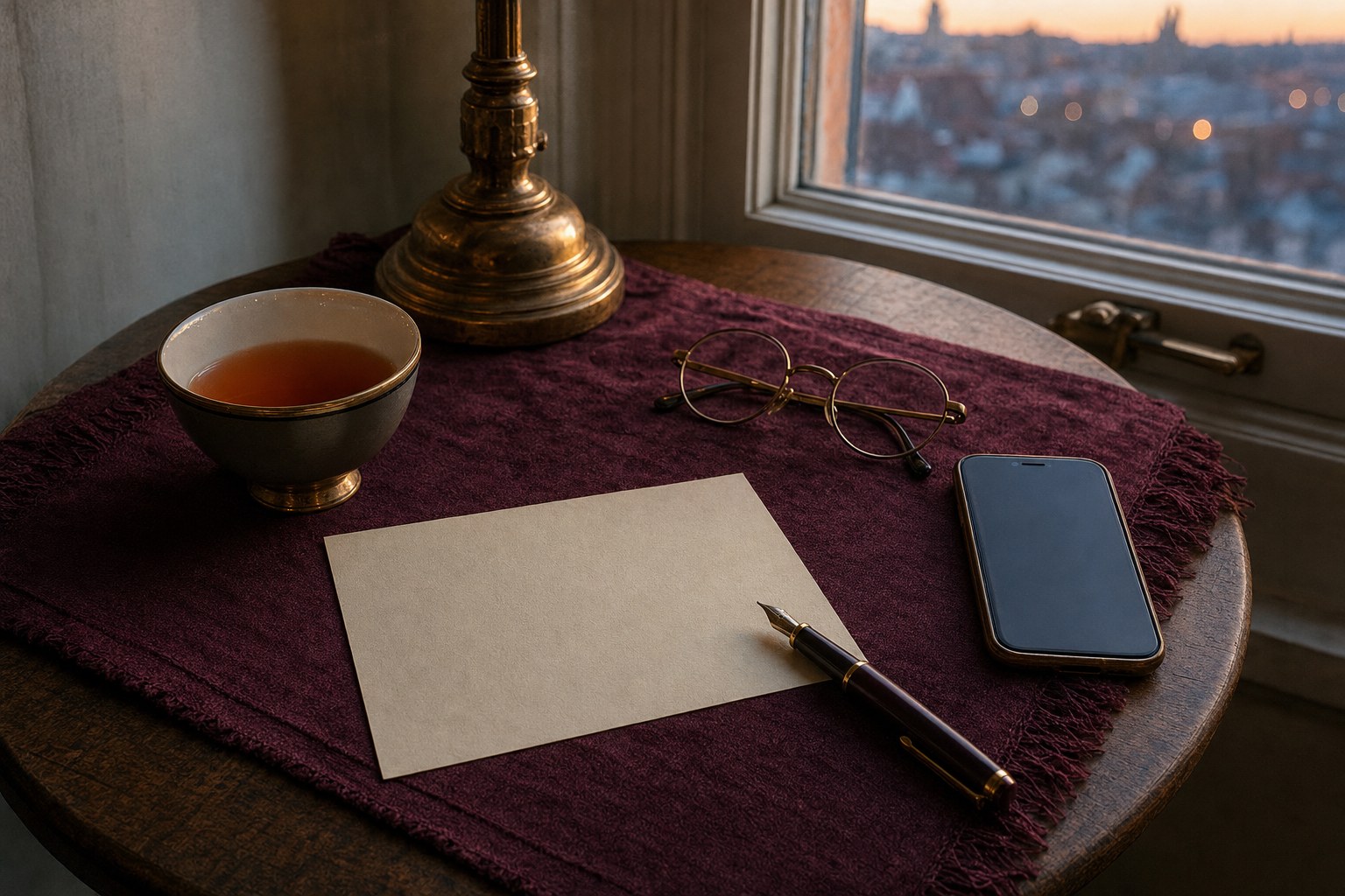 Blank note card, phone, tea, reading glasses, and fountain pen on a small table