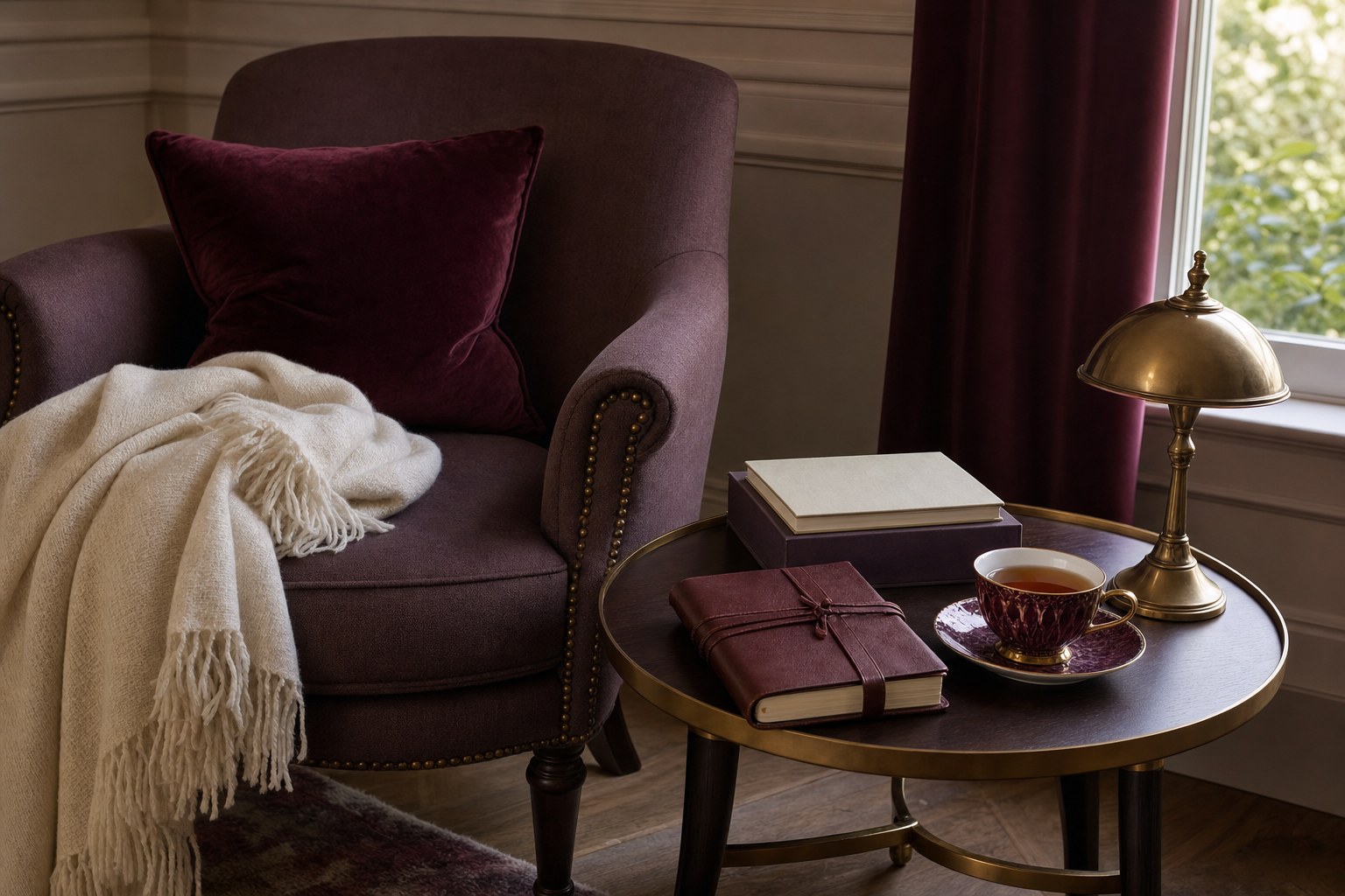 Comfortable chair with a cream shawl beside a table with a journal, tea, and brass lamp
