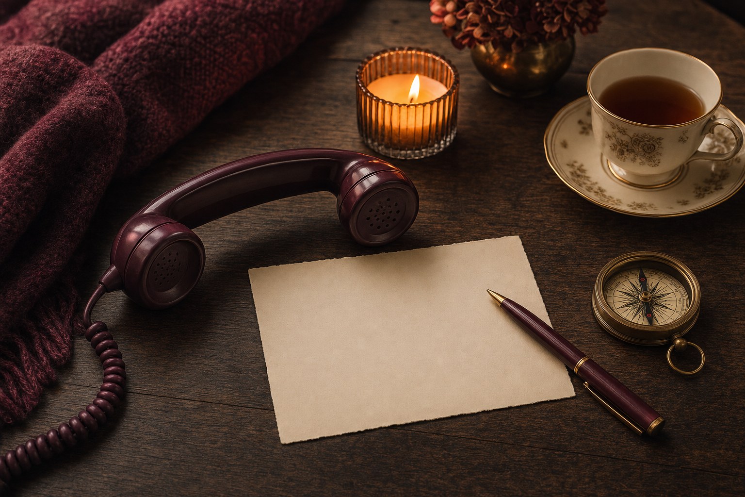 Phone handset, blank card, candle, tea, compass, and pen on a warm wooden table