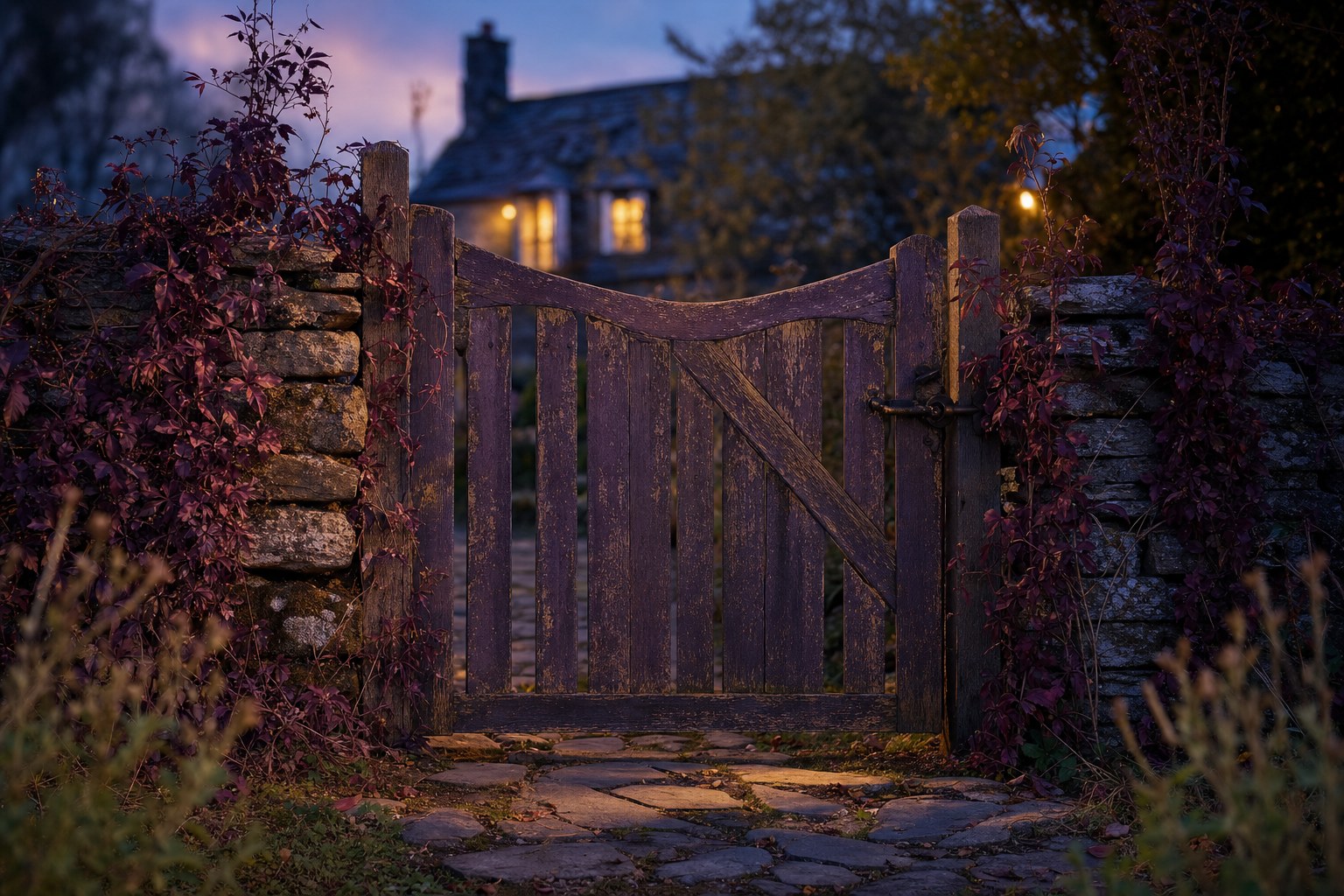 A closed wooden garden gate at blue hour