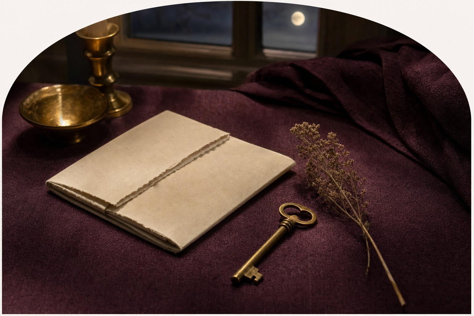 Handmade paper, brass key, and dried wildflower in moonlight
