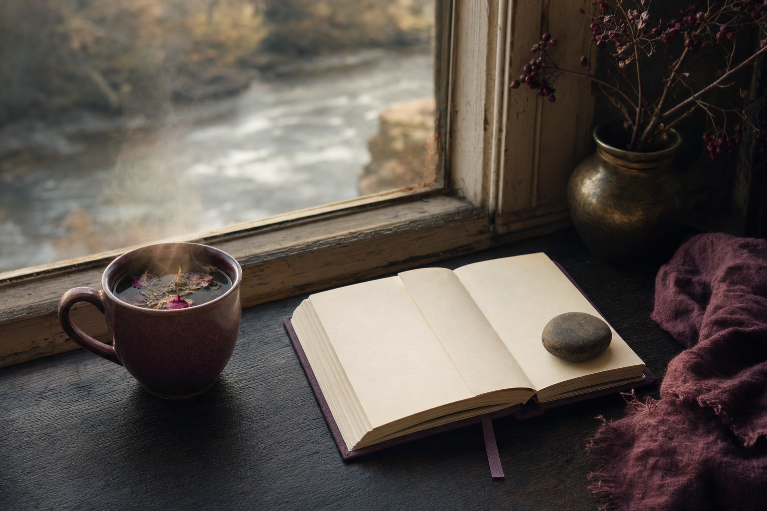 Tea, an open notebook, and a river stone beside a window